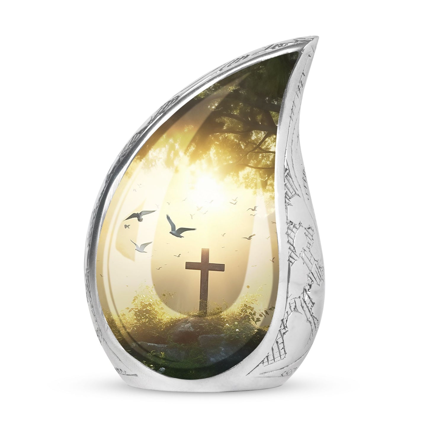Large Christ-themed funeral urn set against a sunset in the forest with birds, ideal for adult ashes.