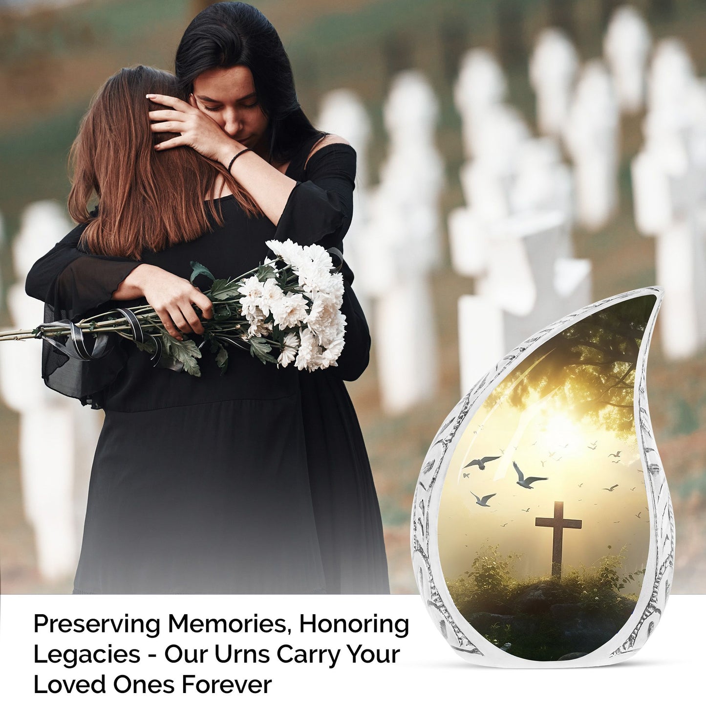 Large Christ-themed funeral urn set against a sunset in the forest with birds, ideal for adult ashes.