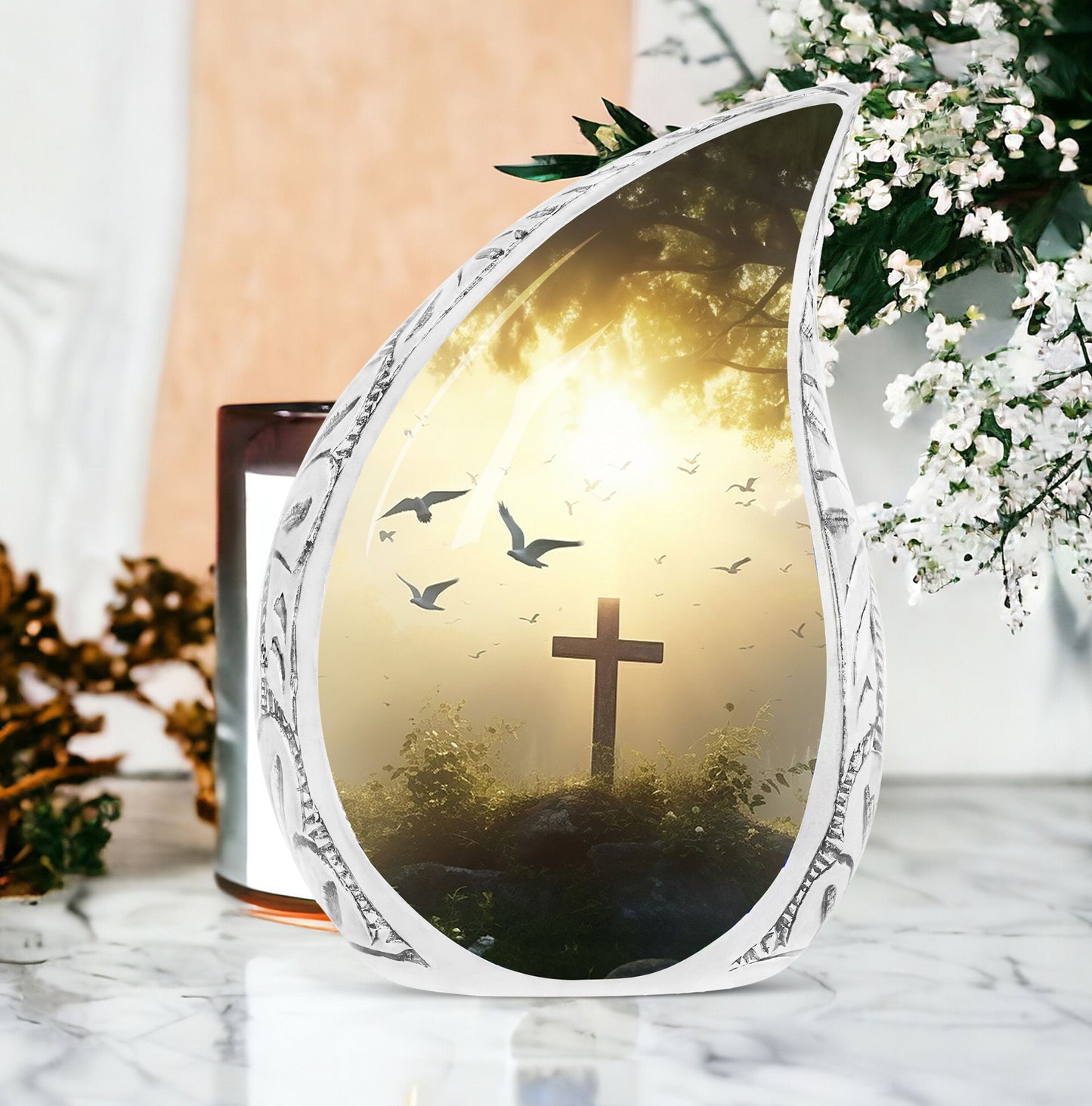 Large Christ-themed funeral urn set against a sunset in the forest with birds, ideal for adult ashes.