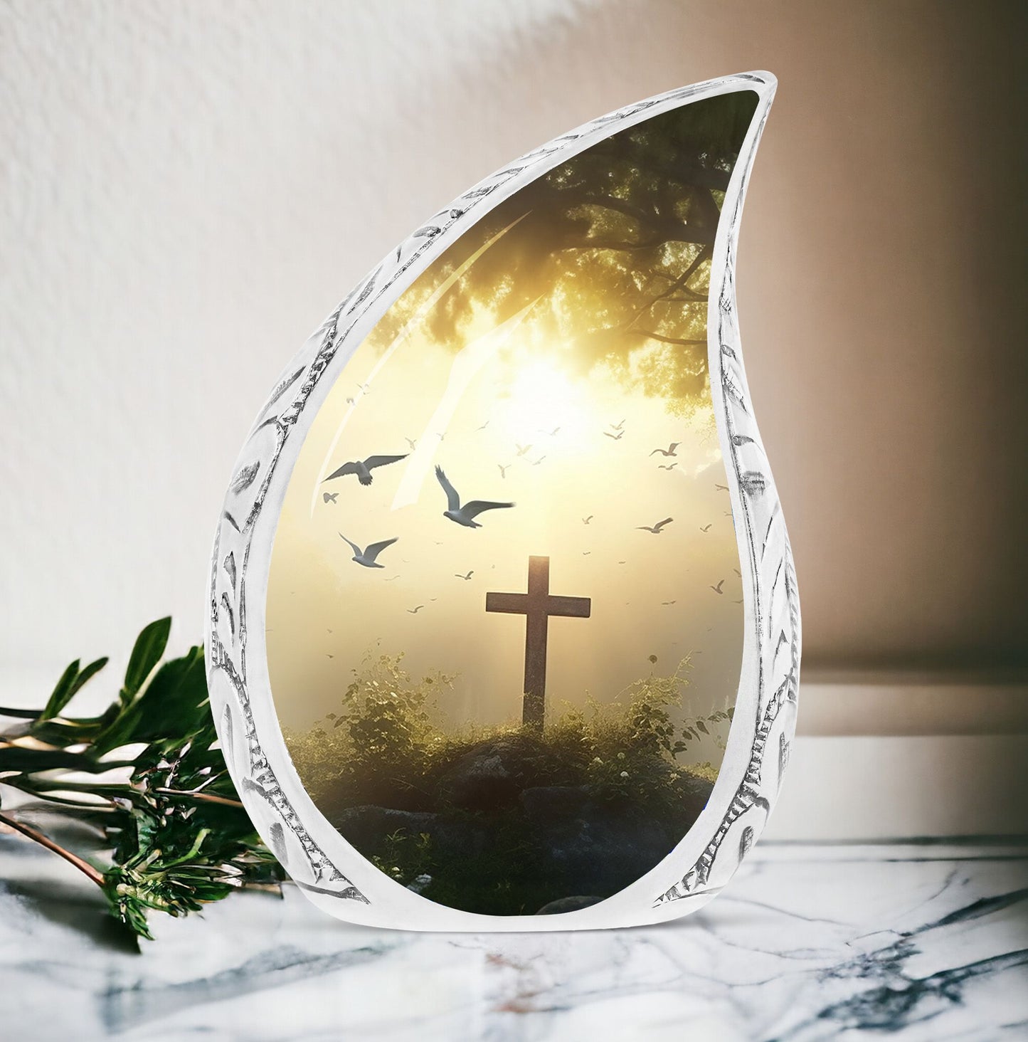 Large Christ-themed funeral urn set against a sunset in the forest with birds, ideal for adult ashes.