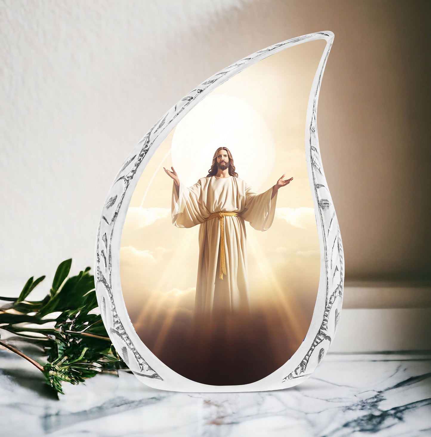 Silver large urn with Jesus Christ on sun background, uniquely designed cremation urn for adult human ashes
