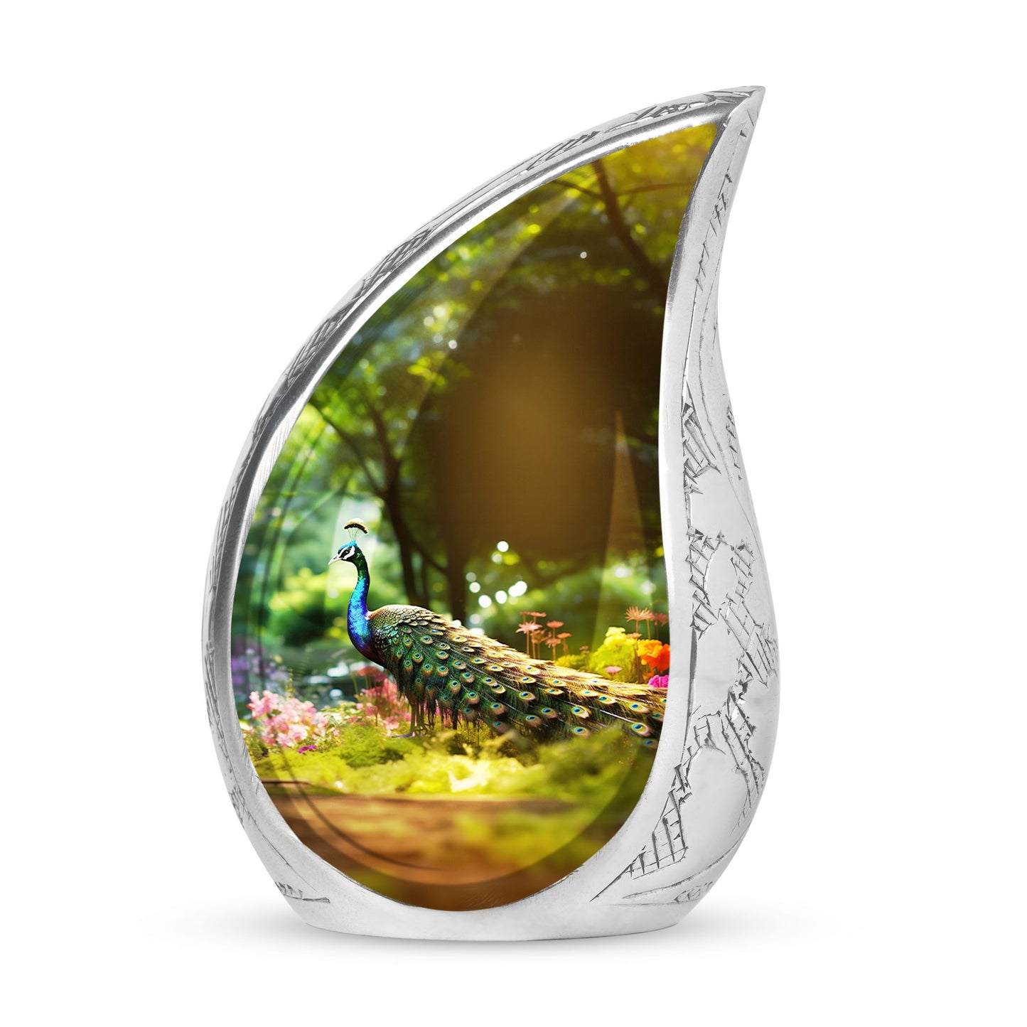 Large urn for human ashes featuring a colorful peacock in a vibrant garden, a unique cremation urn perfect for mom or any adult male.