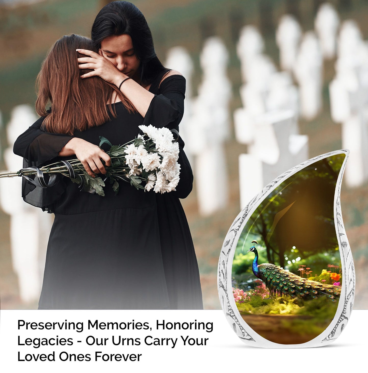 Large urn for human ashes featuring a colorful peacock in a vibrant garden, a unique cremation urn perfect for mom or any adult male.