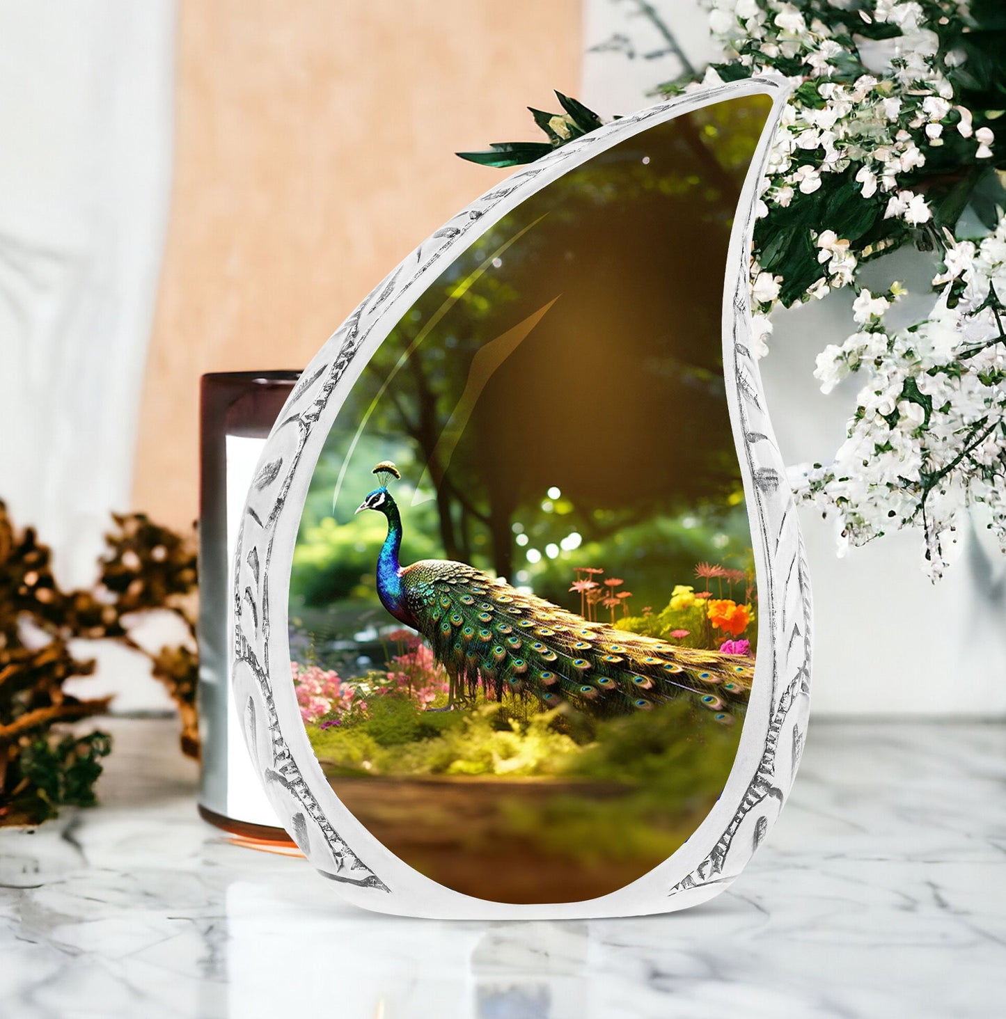 Large urn for human ashes featuring a colorful peacock in a vibrant garden, a unique cremation urn perfect for mom or any adult male.