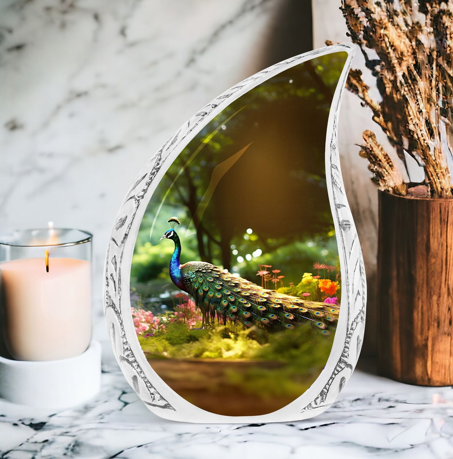 Large urn for human ashes featuring a colorful peacock in a vibrant garden, a unique cremation urn perfect for mom or any adult male.