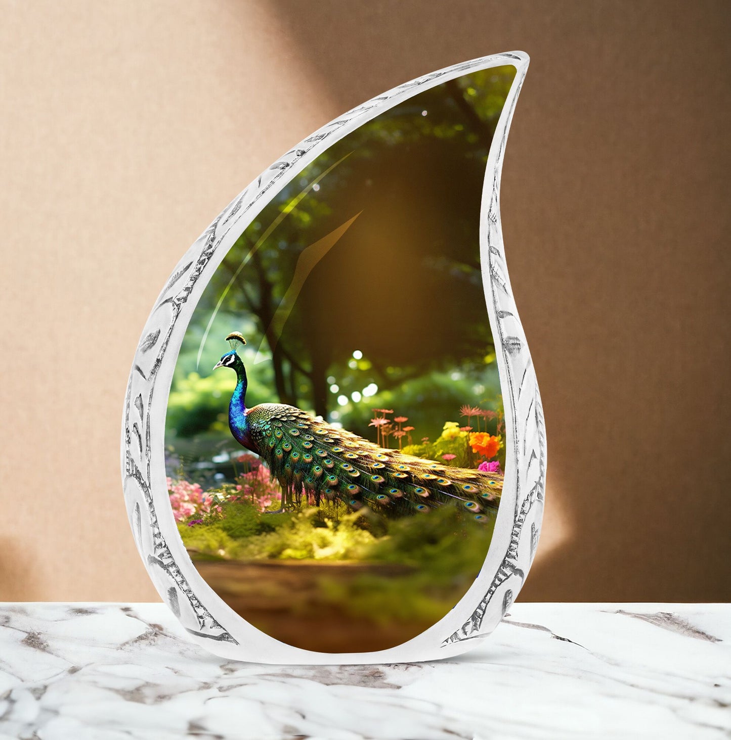 Large urn for human ashes featuring a colorful peacock in a vibrant garden, a unique cremation urn perfect for mom or any adult male.