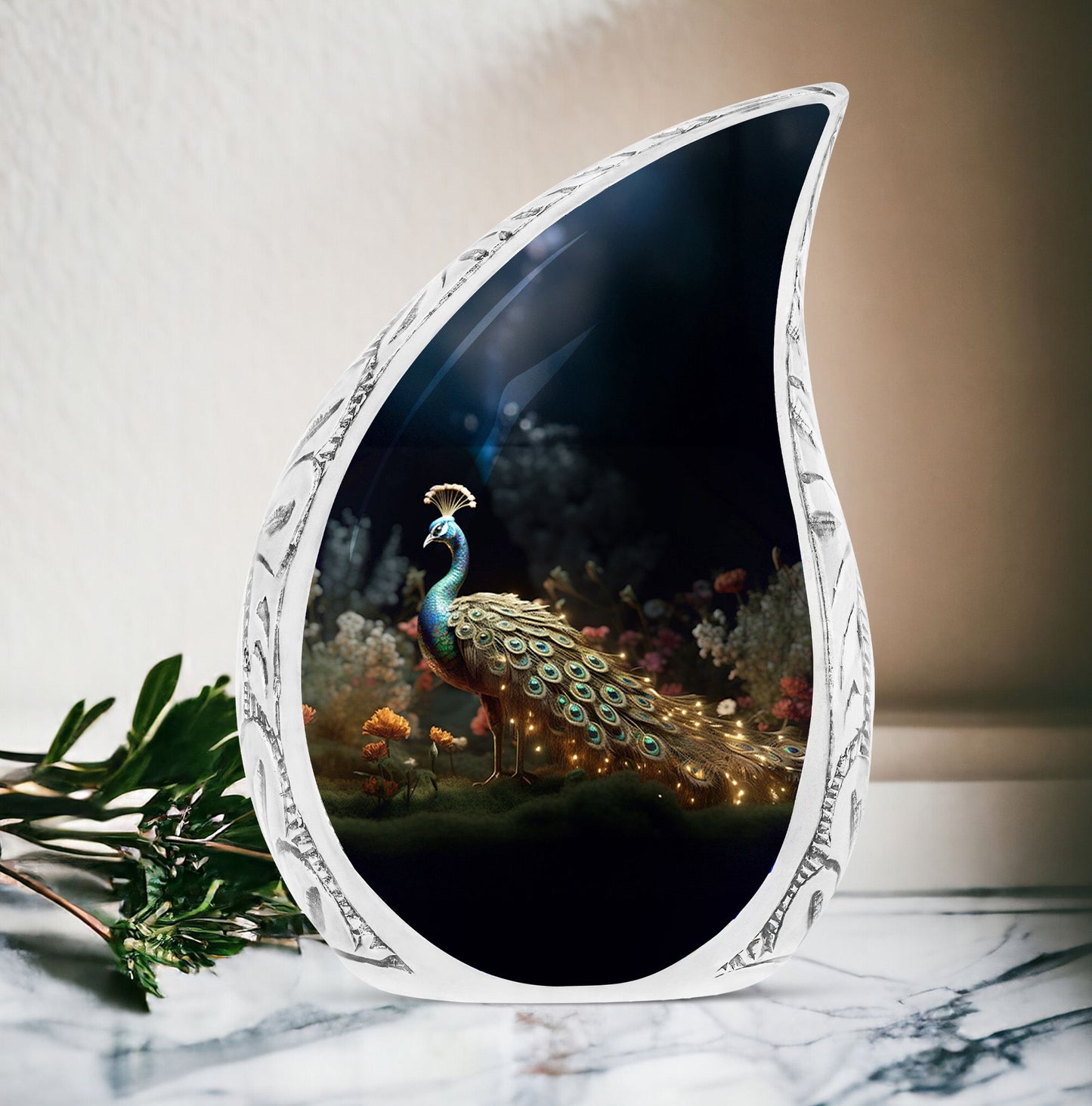 Large golden peacock urn placed in a blooming forest. Suitable for adult ashes, men and women.