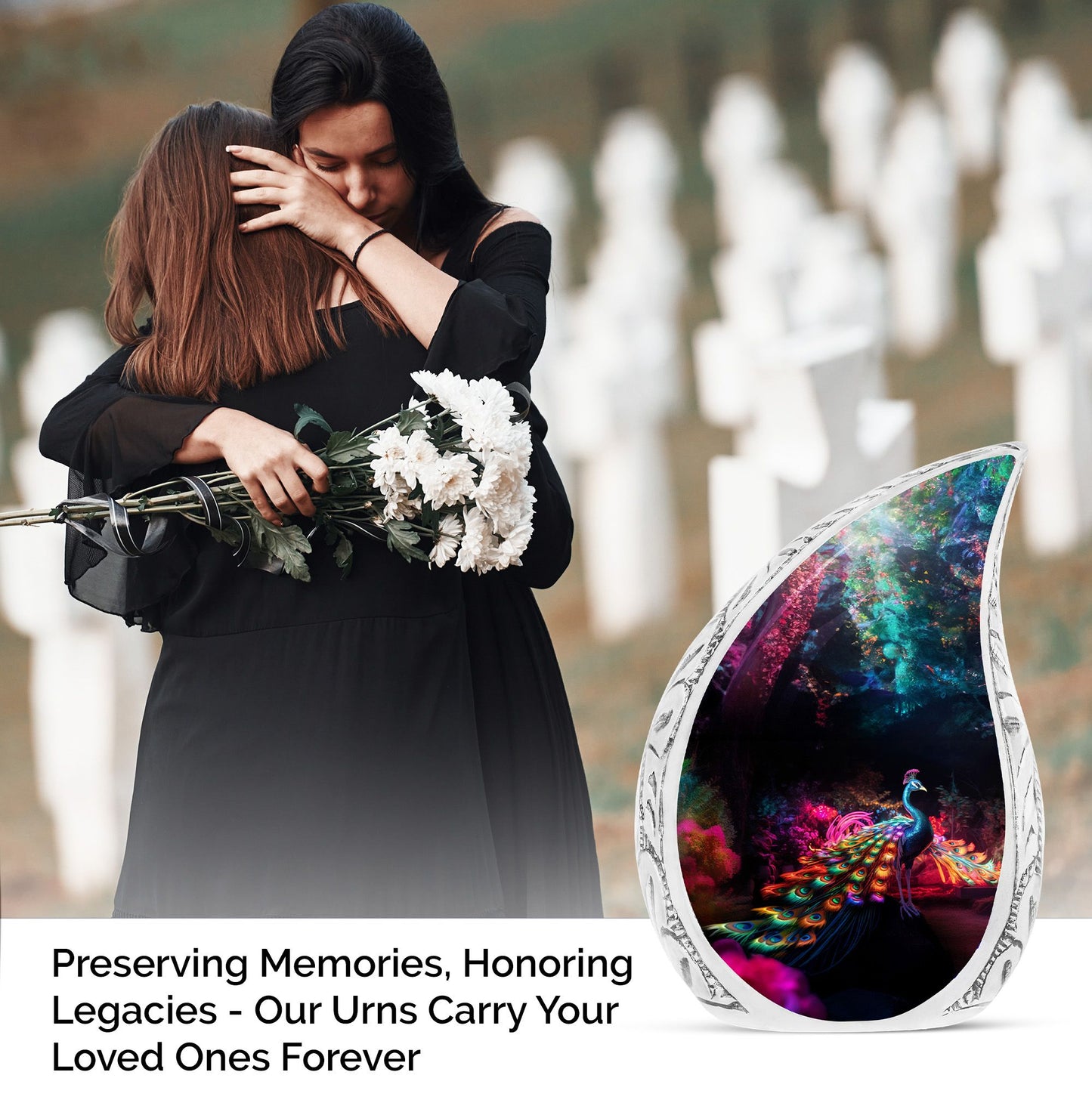 Large mythical peacock urn for adult ashes, ideal for funeral decorations and cremation burial