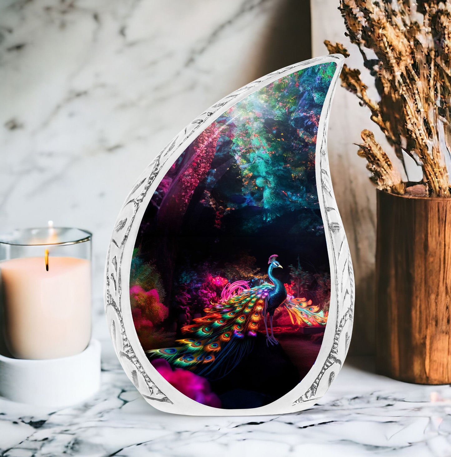 Large mythical peacock urn for adult ashes, ideal for funeral decorations and cremation burial