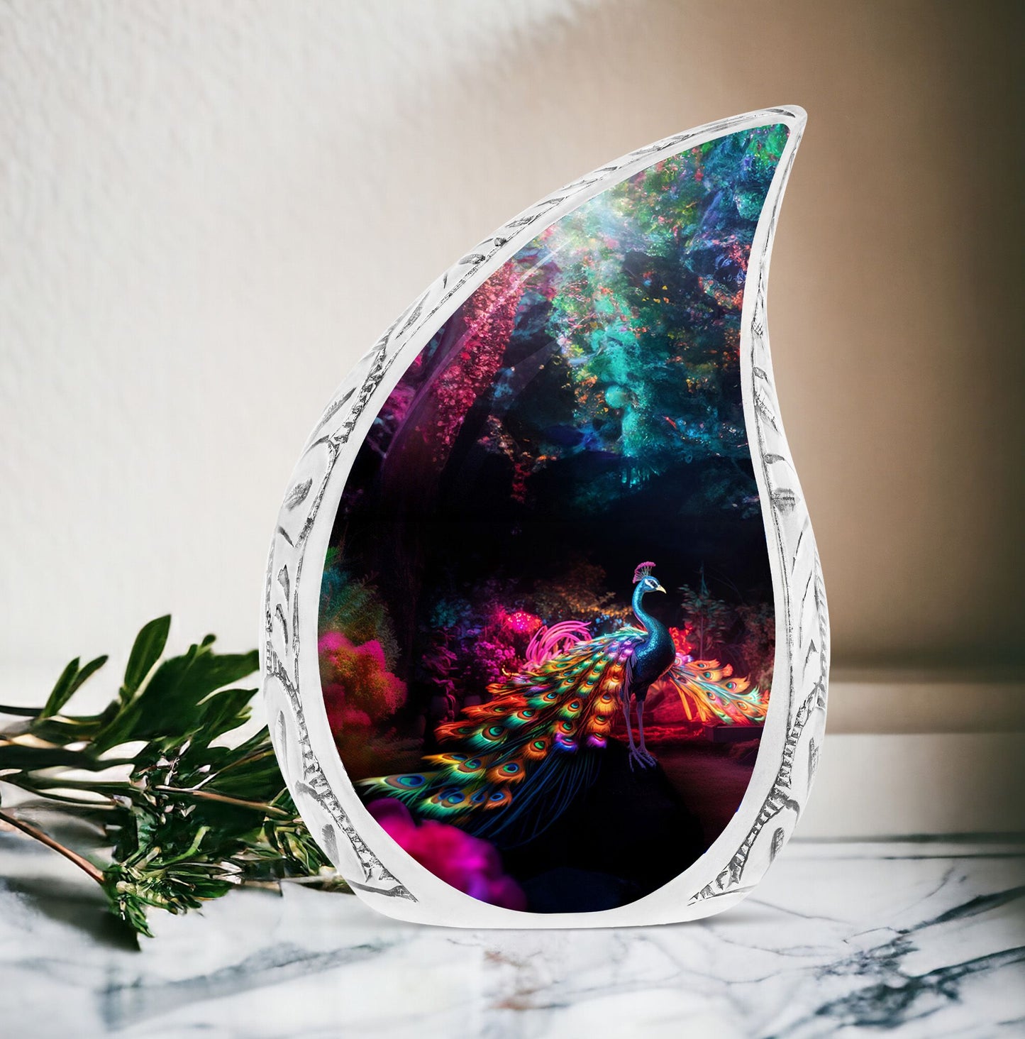 Large mythical peacock urn for adult ashes, ideal for funeral decorations and cremation burial