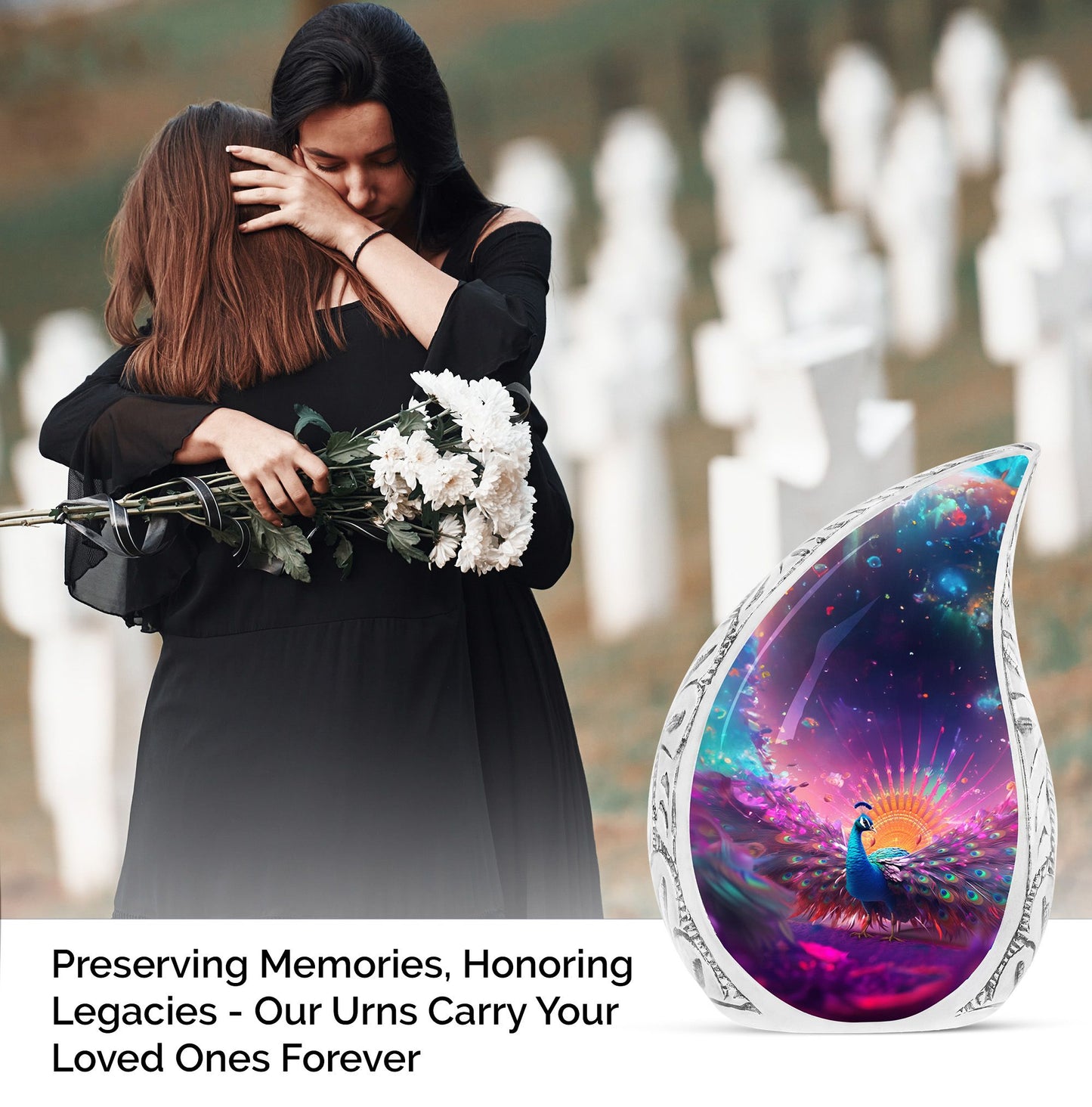 Stunning large urn in a mythical peacock theme, suitable for adult male ashes and perfect for funeral decor.