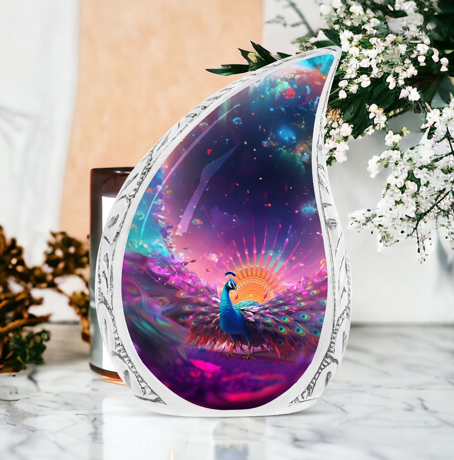 Stunning large urn in a mythical peacock theme, suitable for adult male ashes and perfect for funeral decor.