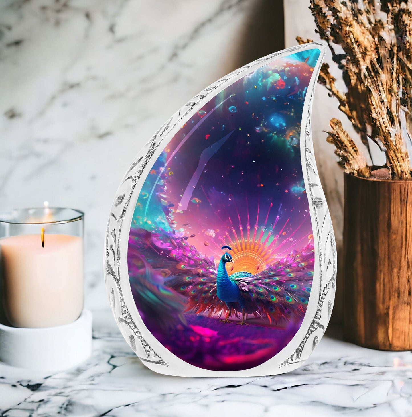 Stunning large urn in a mythical peacock theme, suitable for adult male ashes and perfect for funeral decor.