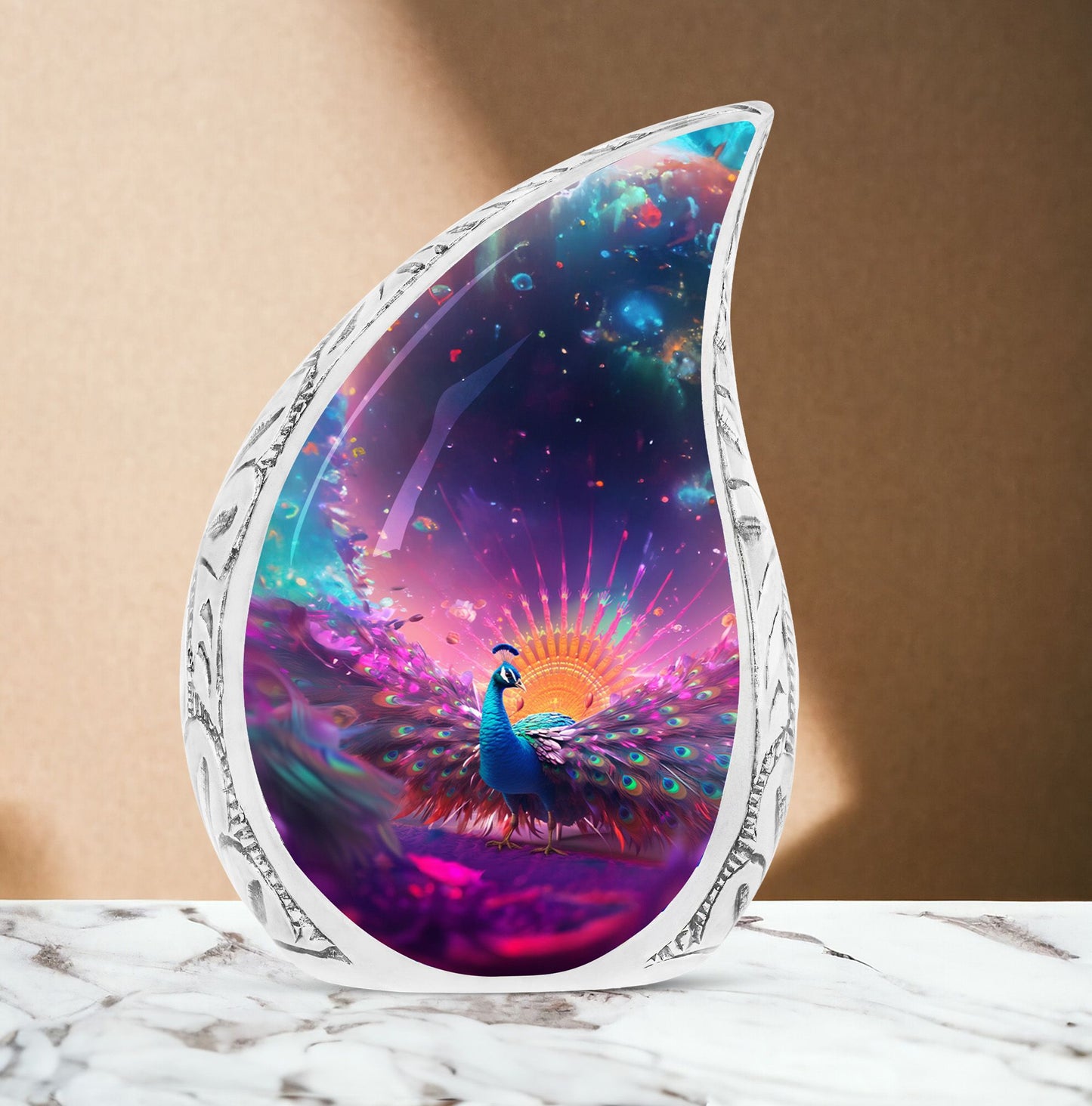 Stunning large urn in a mythical peacock theme, suitable for adult male ashes and perfect for funeral decor.