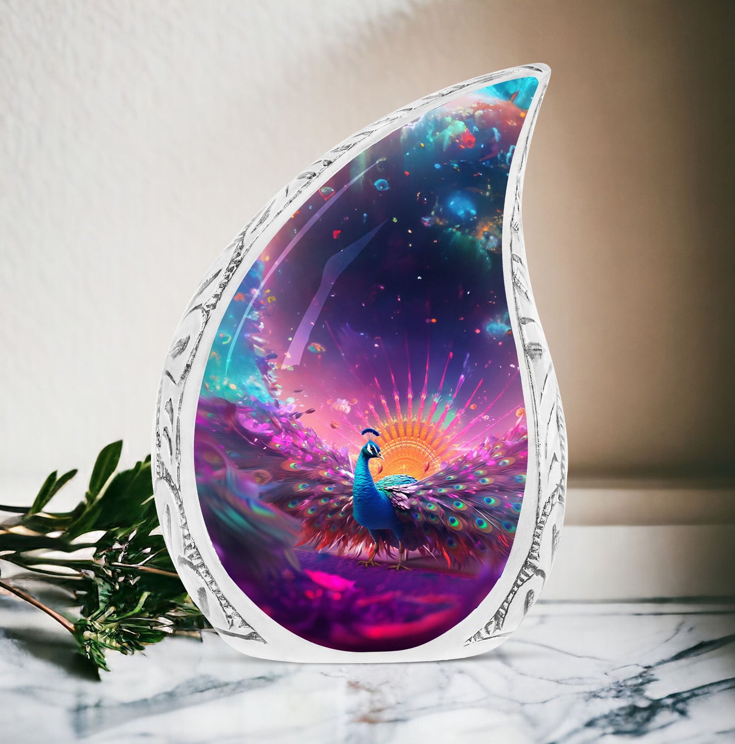 Stunning large urn in a mythical peacock theme, suitable for adult male ashes and perfect for funeral decor.