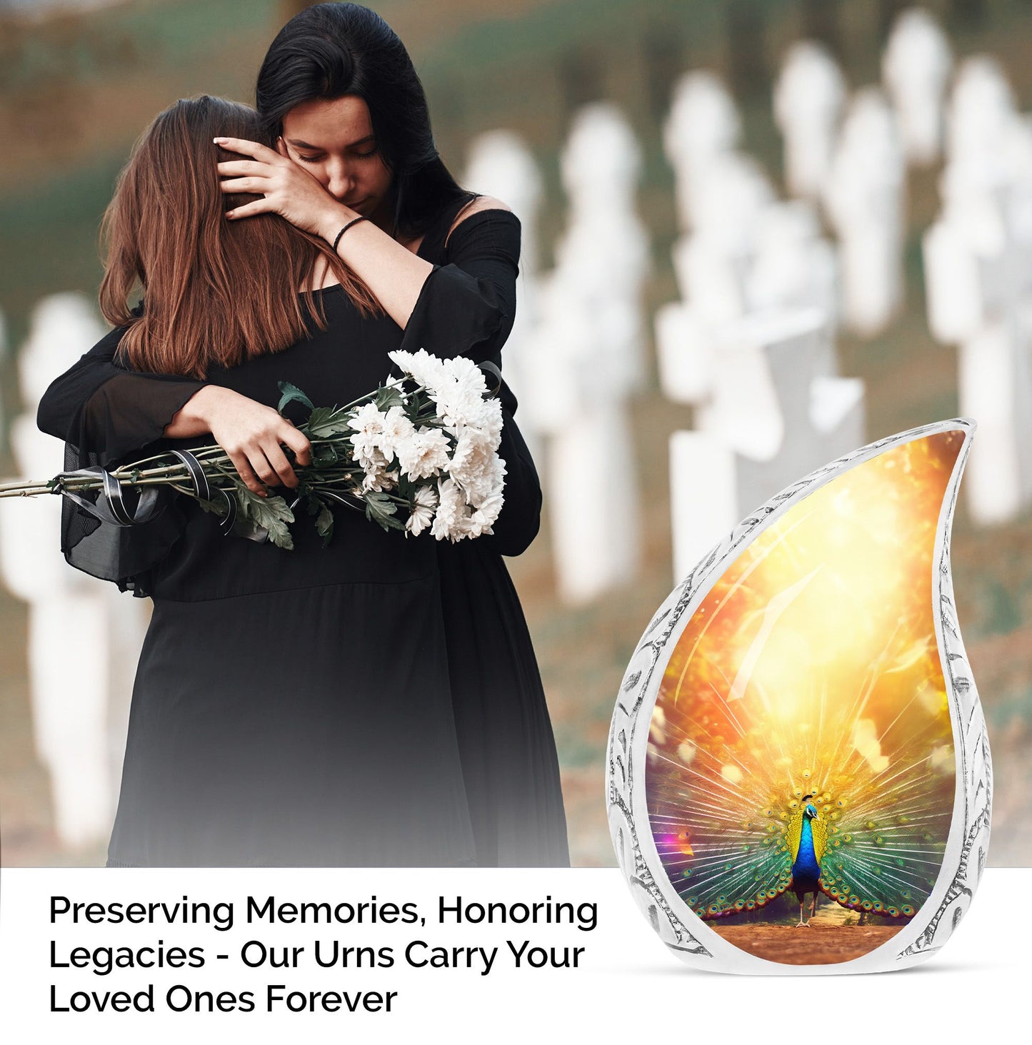 Stunning large Glorious Peacock urn for ashes, a thoughtfully crafted cremation urn for women, adding a unique touch to funeral decorations.