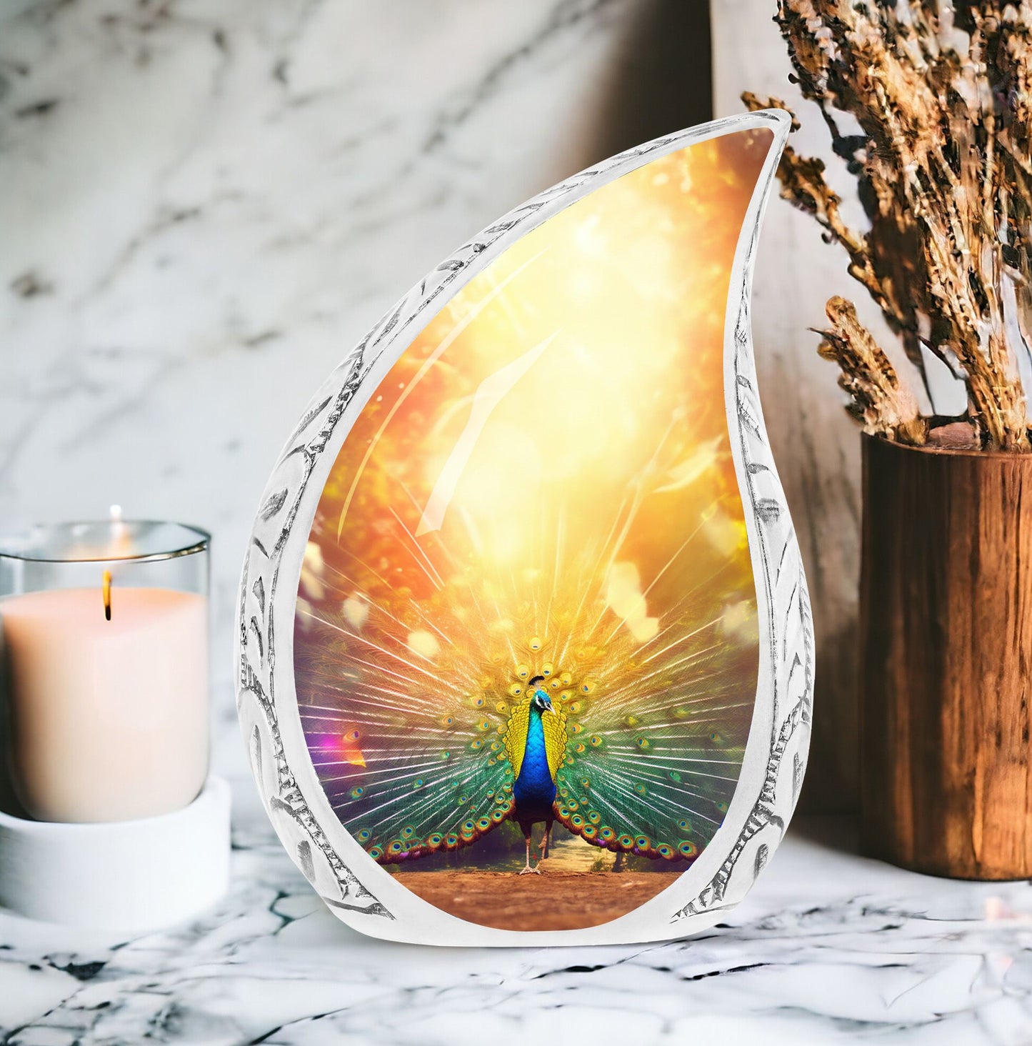 Stunning large Glorious Peacock urn for ashes, a thoughtfully crafted cremation urn for women, adding a unique touch to funeral decorations.