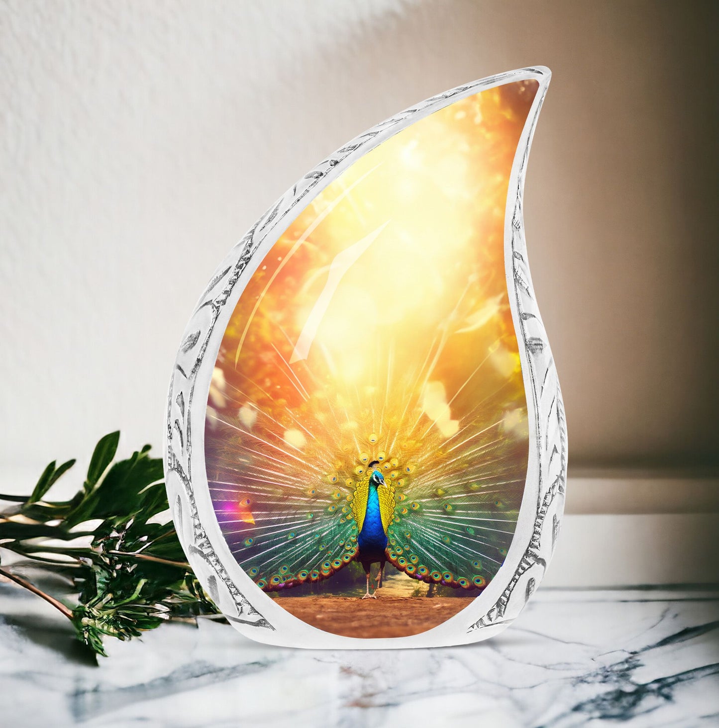 Stunning large Glorious Peacock urn for ashes, a thoughtfully crafted cremation urn for women, adding a unique touch to funeral decorations.