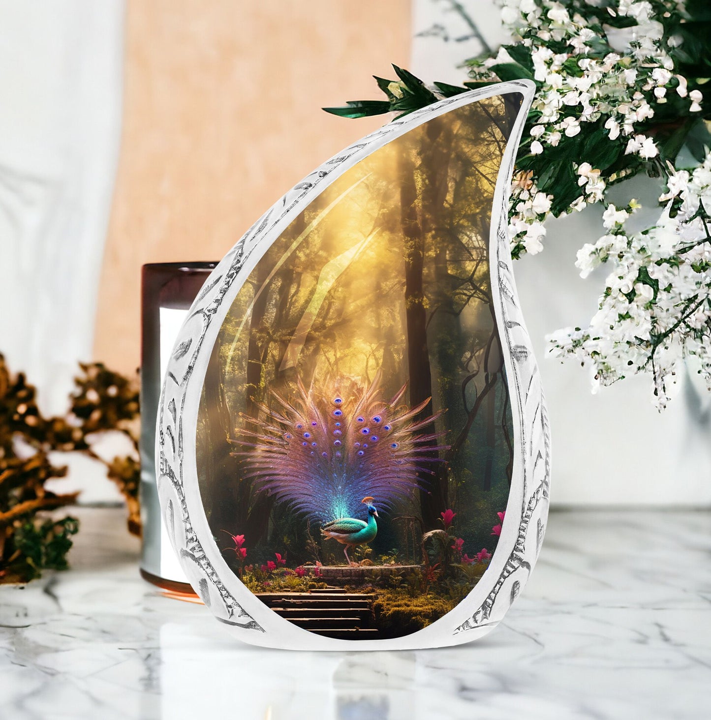 Large majestic peacock urn, ideal for adult human ashes, burial or cremation keepsake