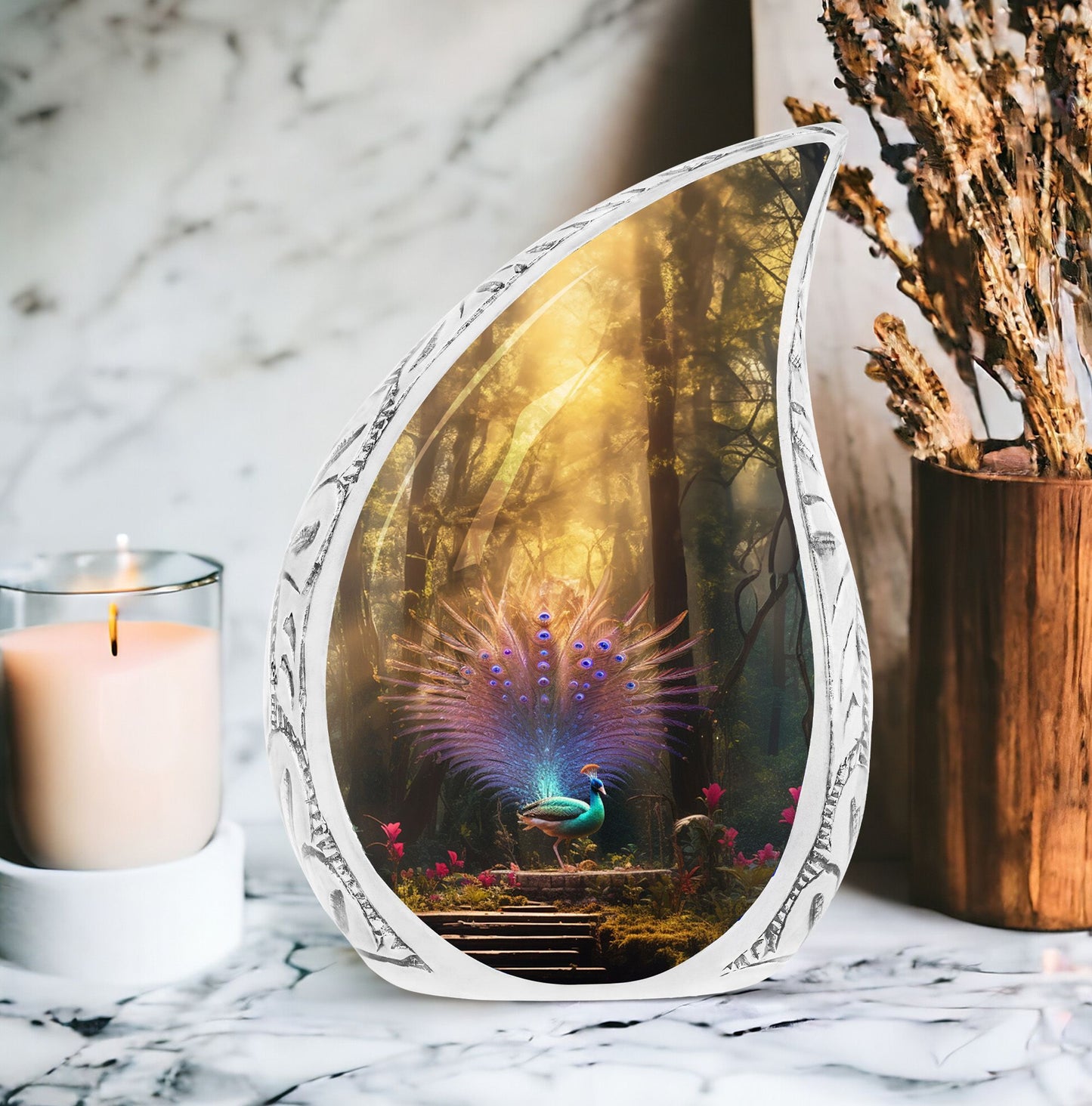 Large majestic peacock urn, ideal for adult human ashes, burial or cremation keepsake