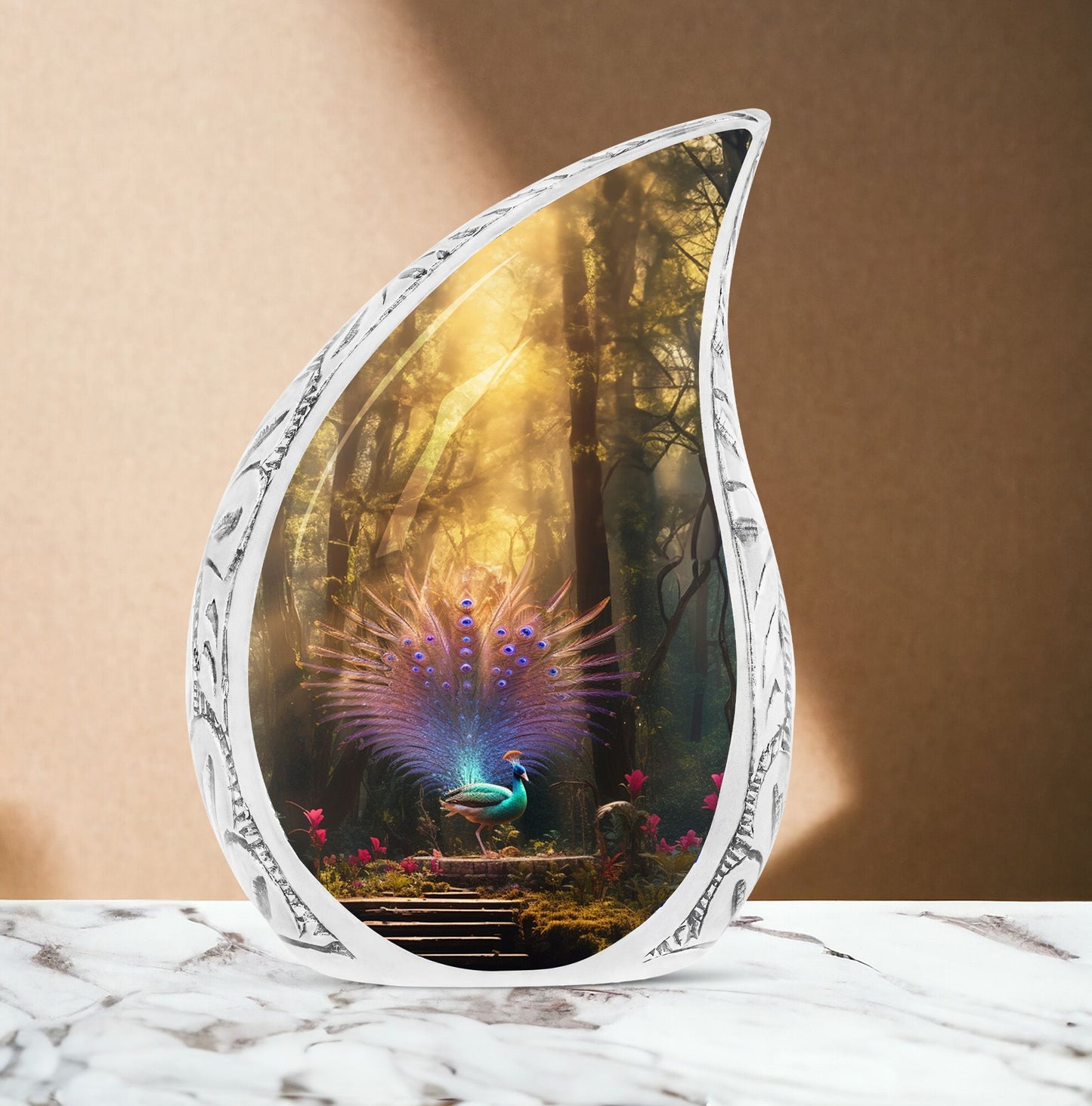 Large majestic peacock urn, ideal for adult human ashes, burial or cremation keepsake