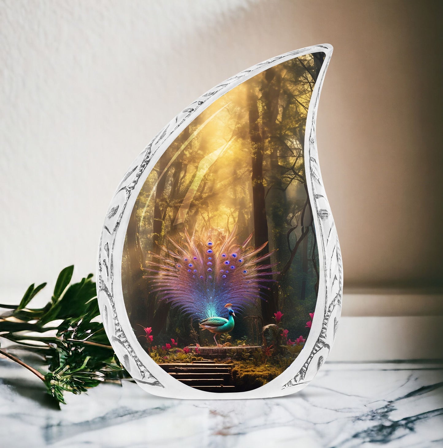 Large majestic peacock urn, ideal for adult human ashes, burial or cremation keepsake