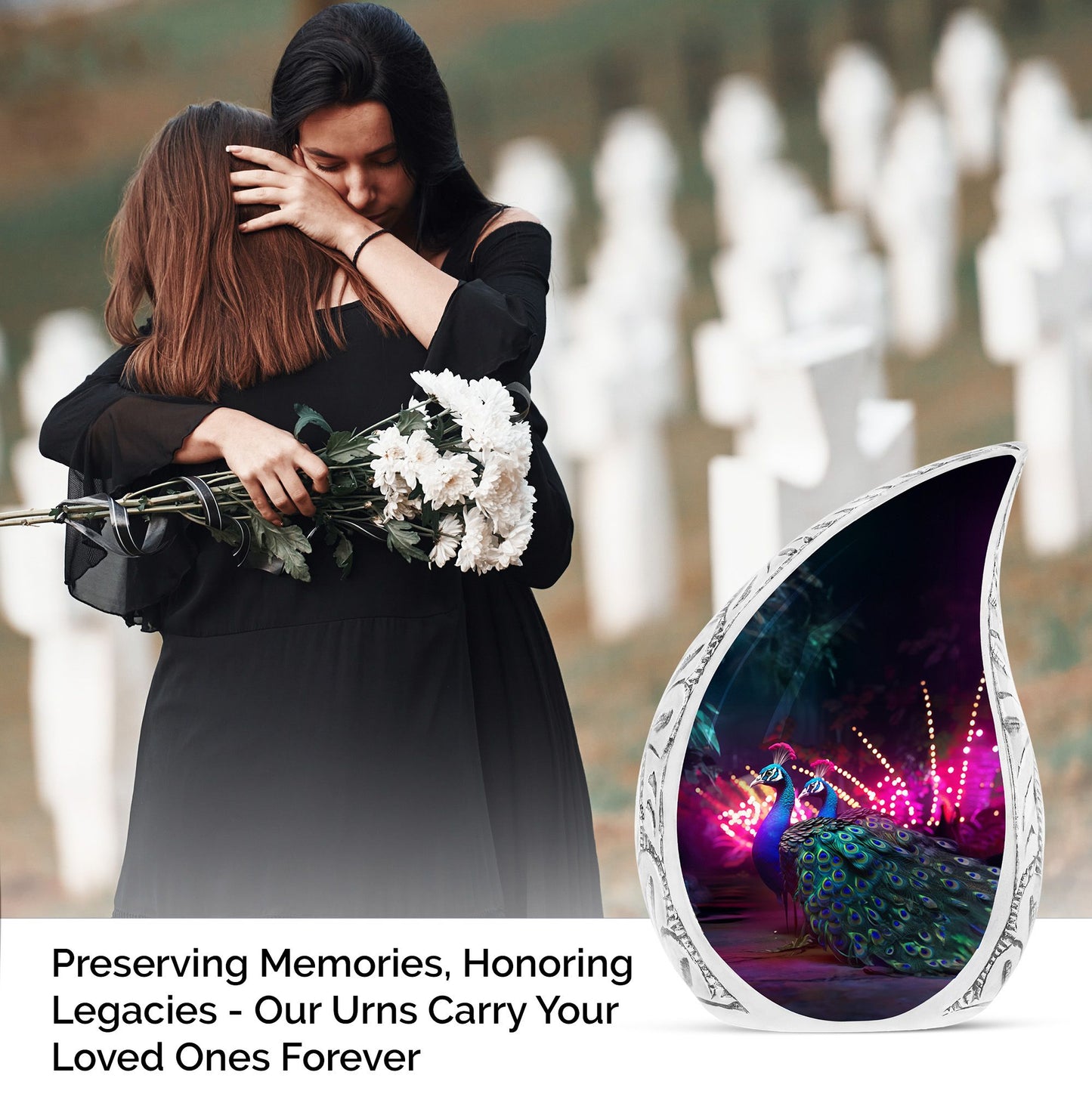 Large decorative peacock urns showcased in a pink villa setting, ideal for cremation ashes remembrance