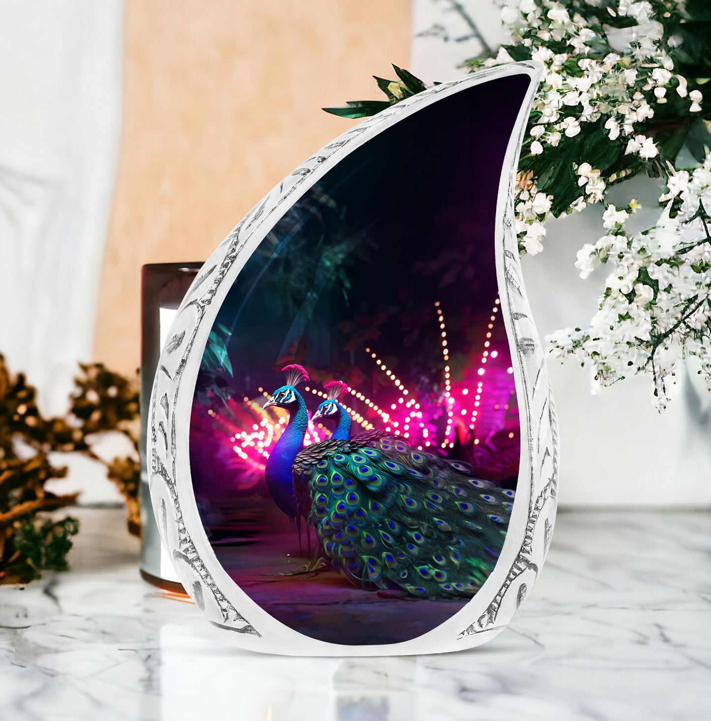 Large decorative peacock urns showcased in a pink villa setting, ideal for cremation ashes remembrance