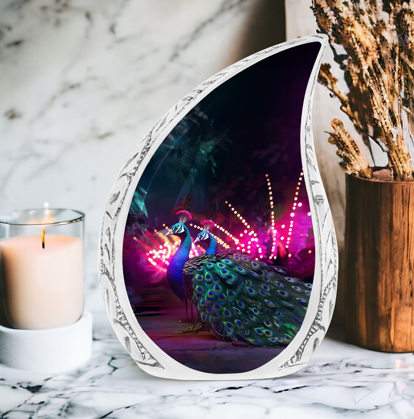 Large decorative peacock urns showcased in a pink villa setting, ideal for cremation ashes remembrance