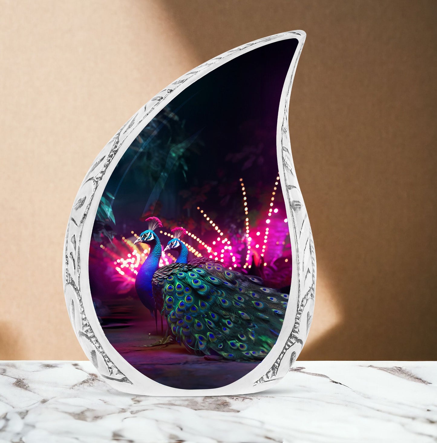 Large decorative peacock urns showcased in a pink villa setting, ideal for cremation ashes remembrance