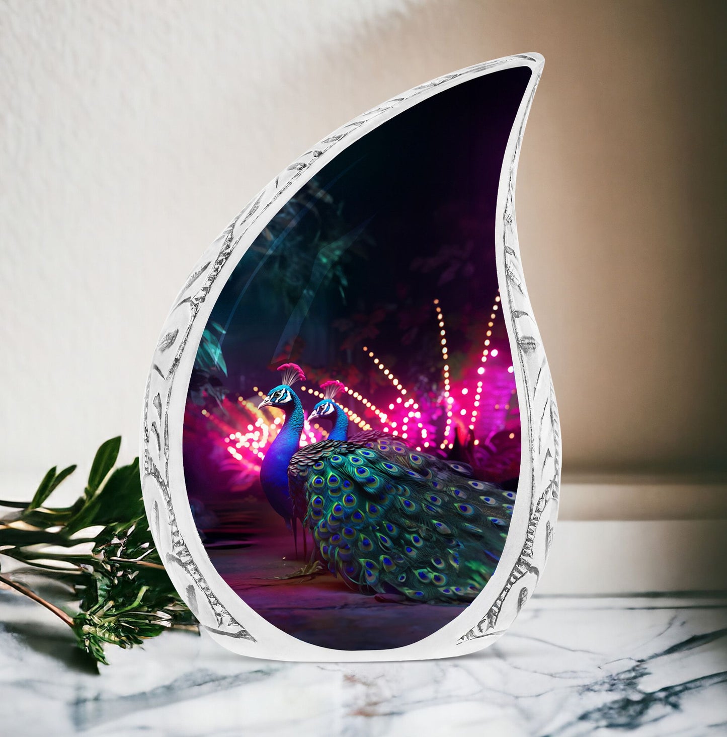 Large decorative peacock urns showcased in a pink villa setting, ideal for cremation ashes remembrance