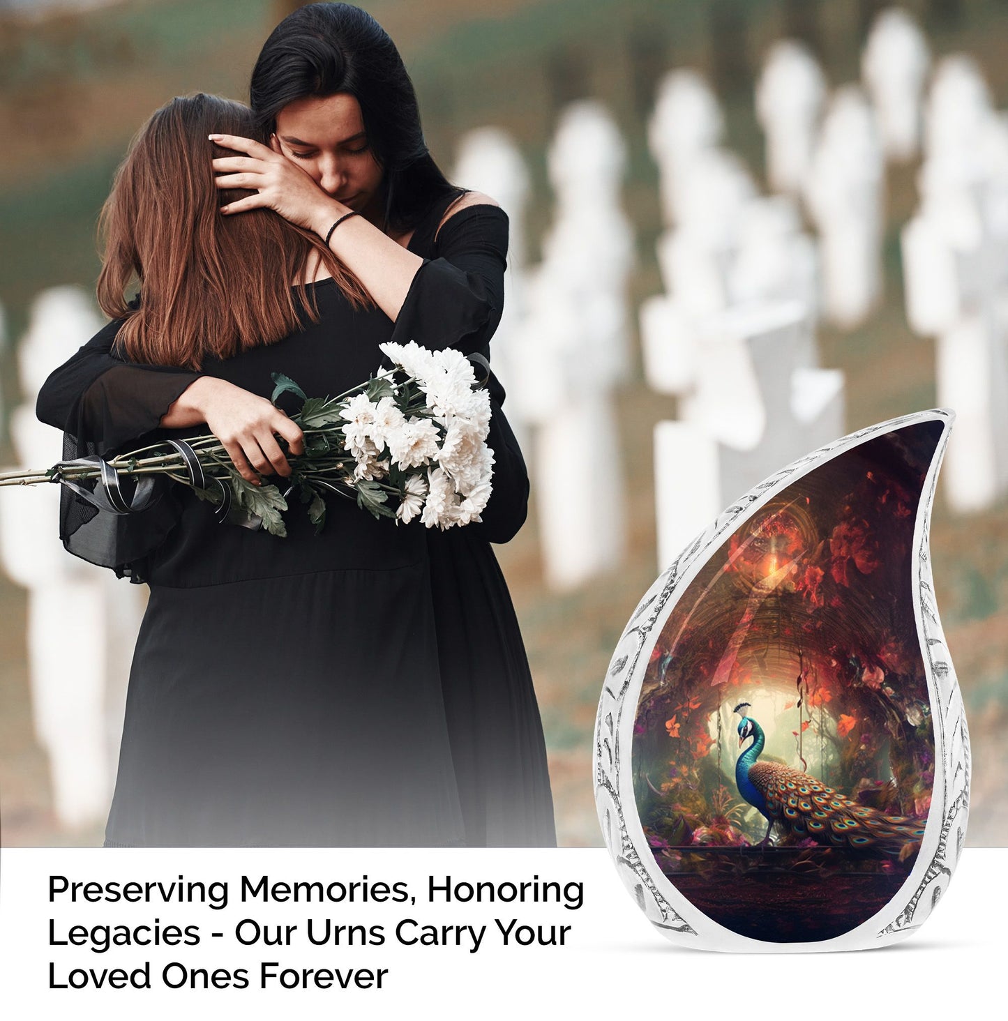 Large Peacock Urn exhibiting in a Red Forest, unique burial urn for adult human ashes