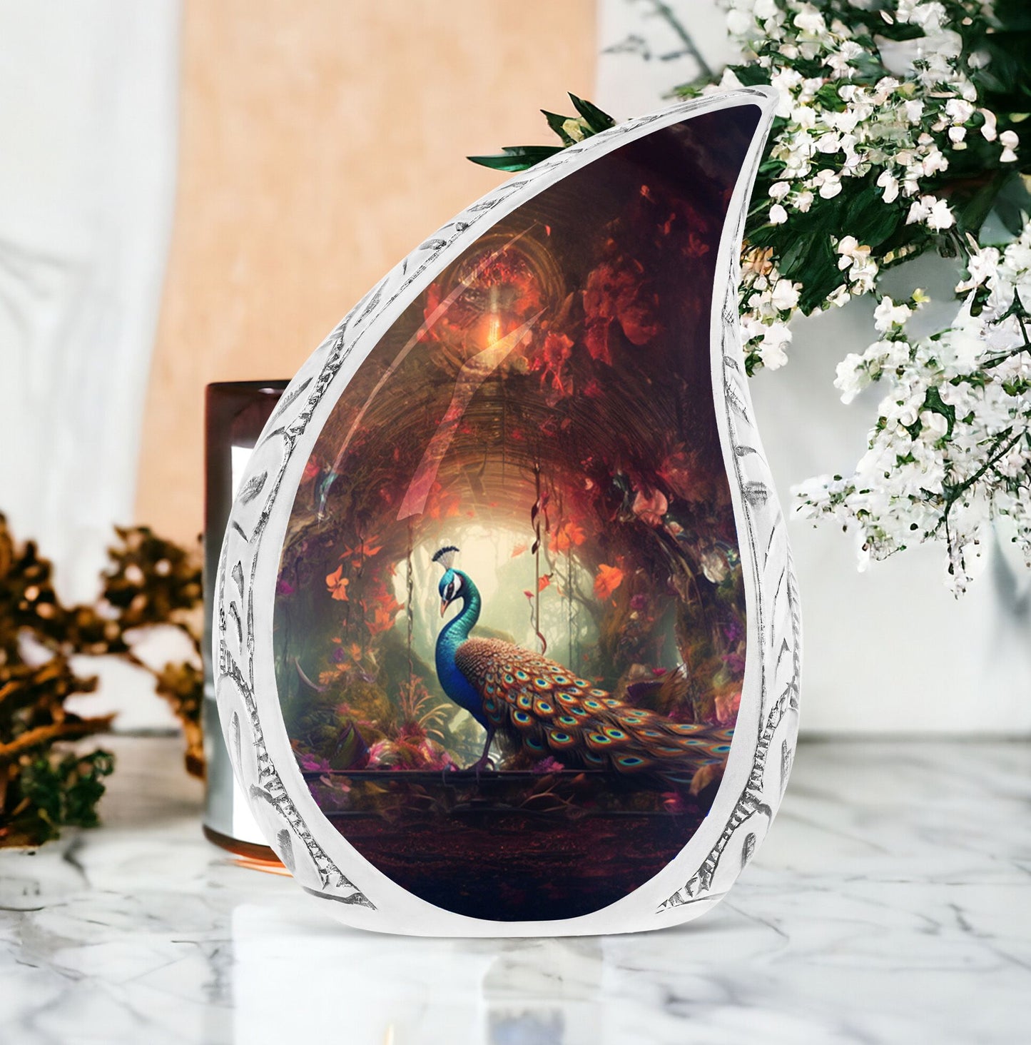Large Peacock Urn exhibiting in a Red Forest, unique burial urn for adult human ashes