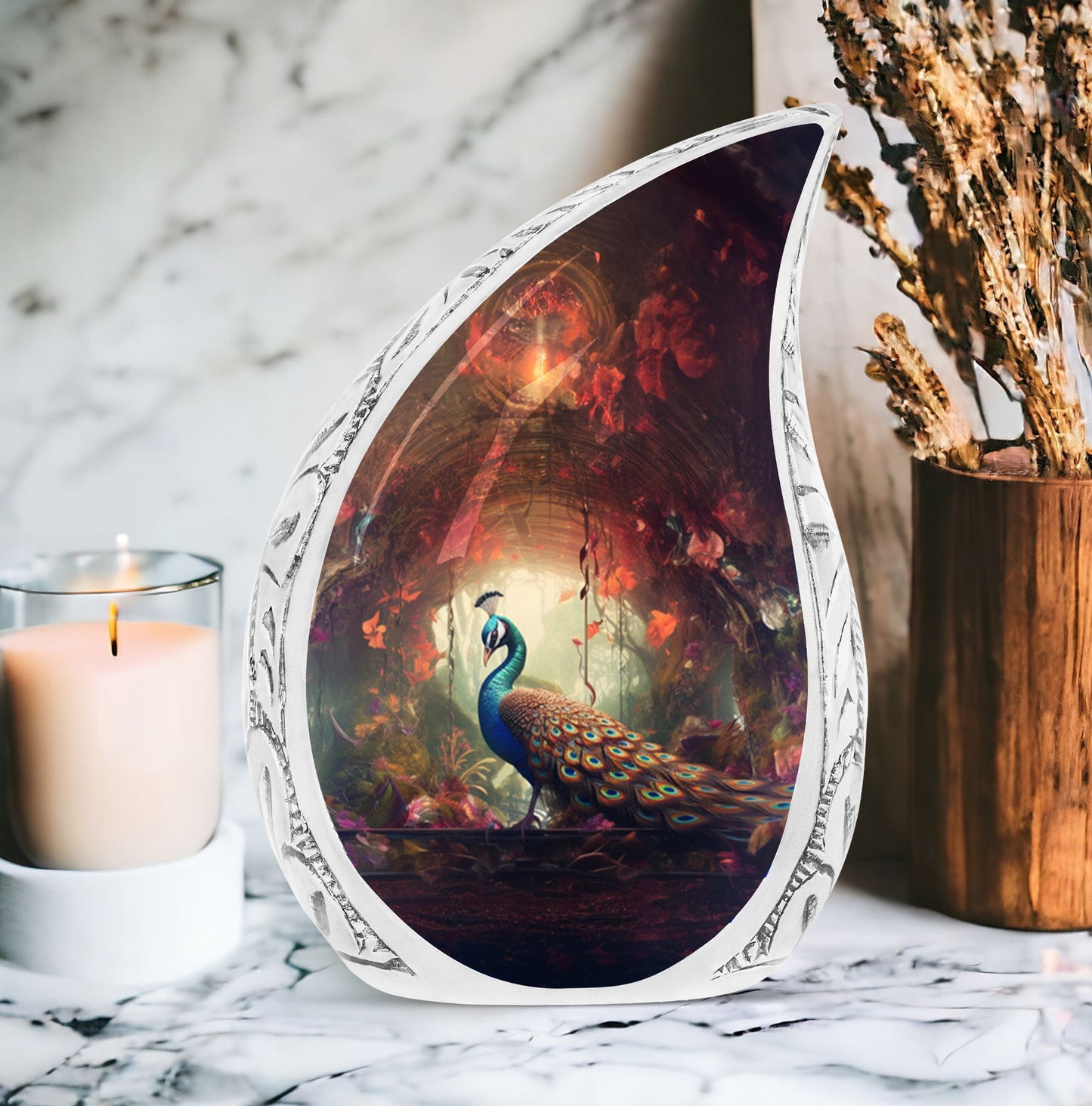 Large Peacock Urn exhibiting in a Red Forest, unique burial urn for adult human ashes