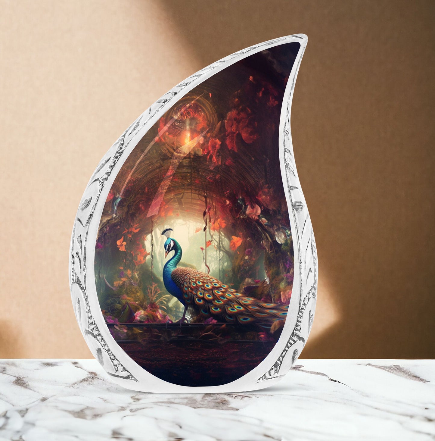 Large Peacock Urn exhibiting in a Red Forest, unique burial urn for adult human ashes
