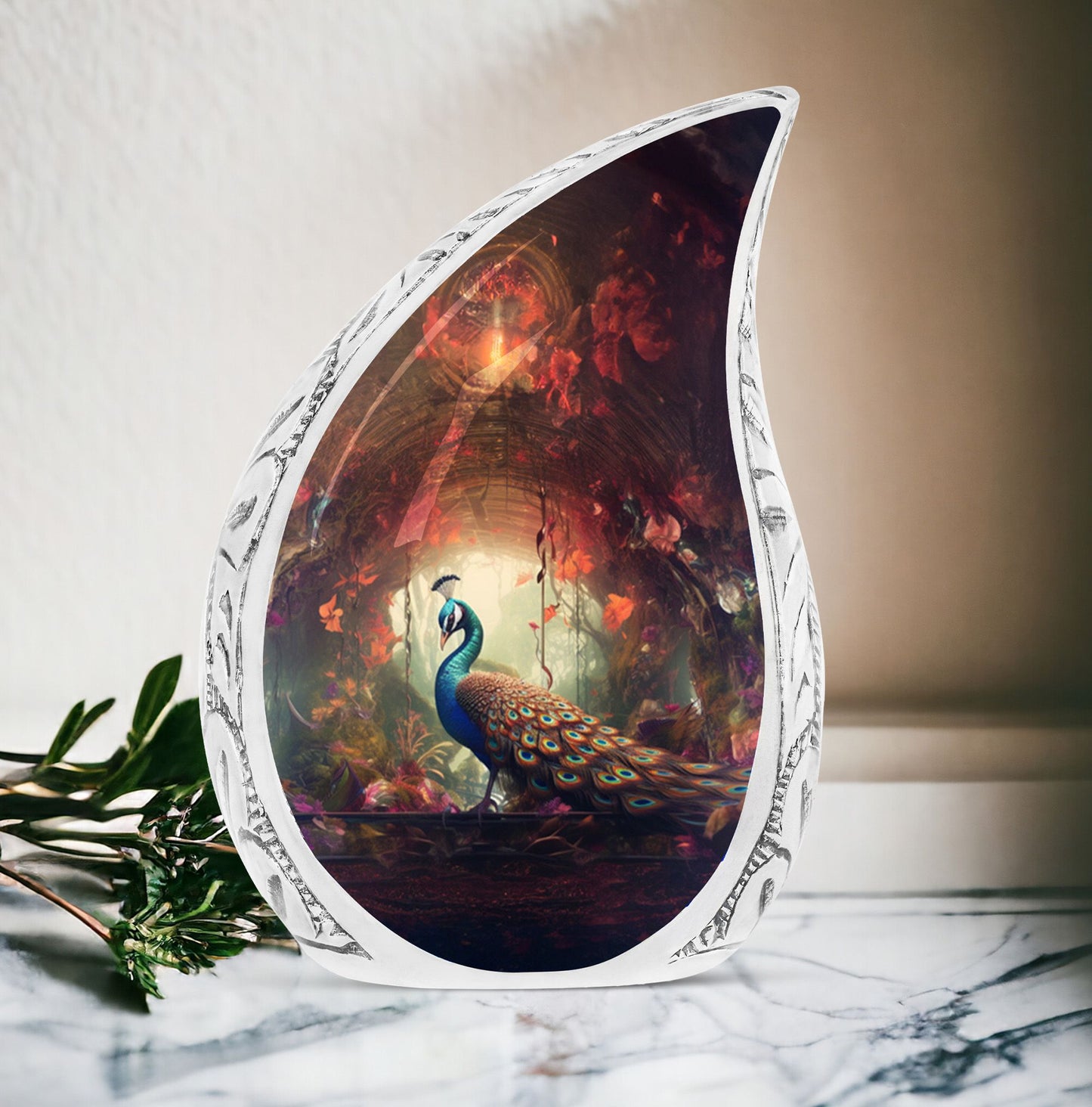 Large Peacock Urn exhibiting in a Red Forest, unique burial urn for adult human ashes