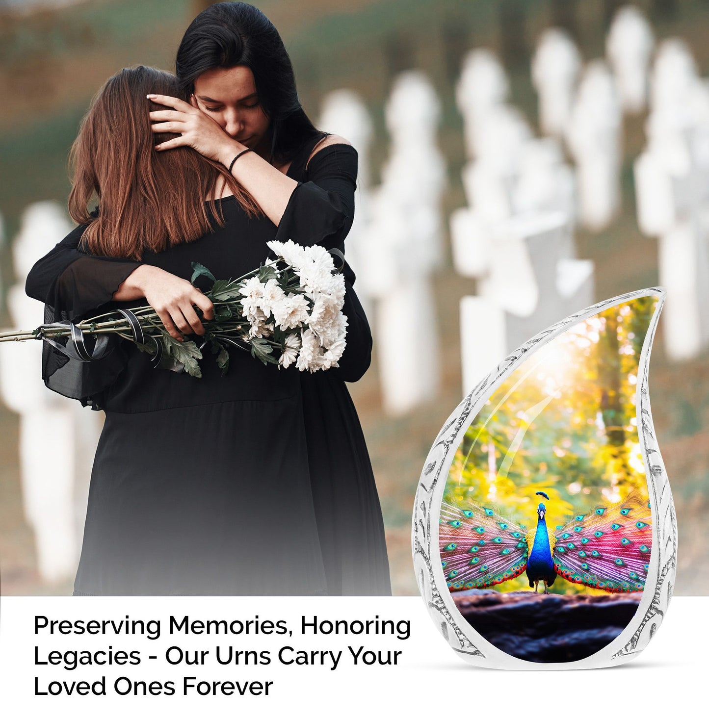 Large Peacock Urn for ashes showcasing its vibrant feathers in a garden setting, designed for adult human burial.