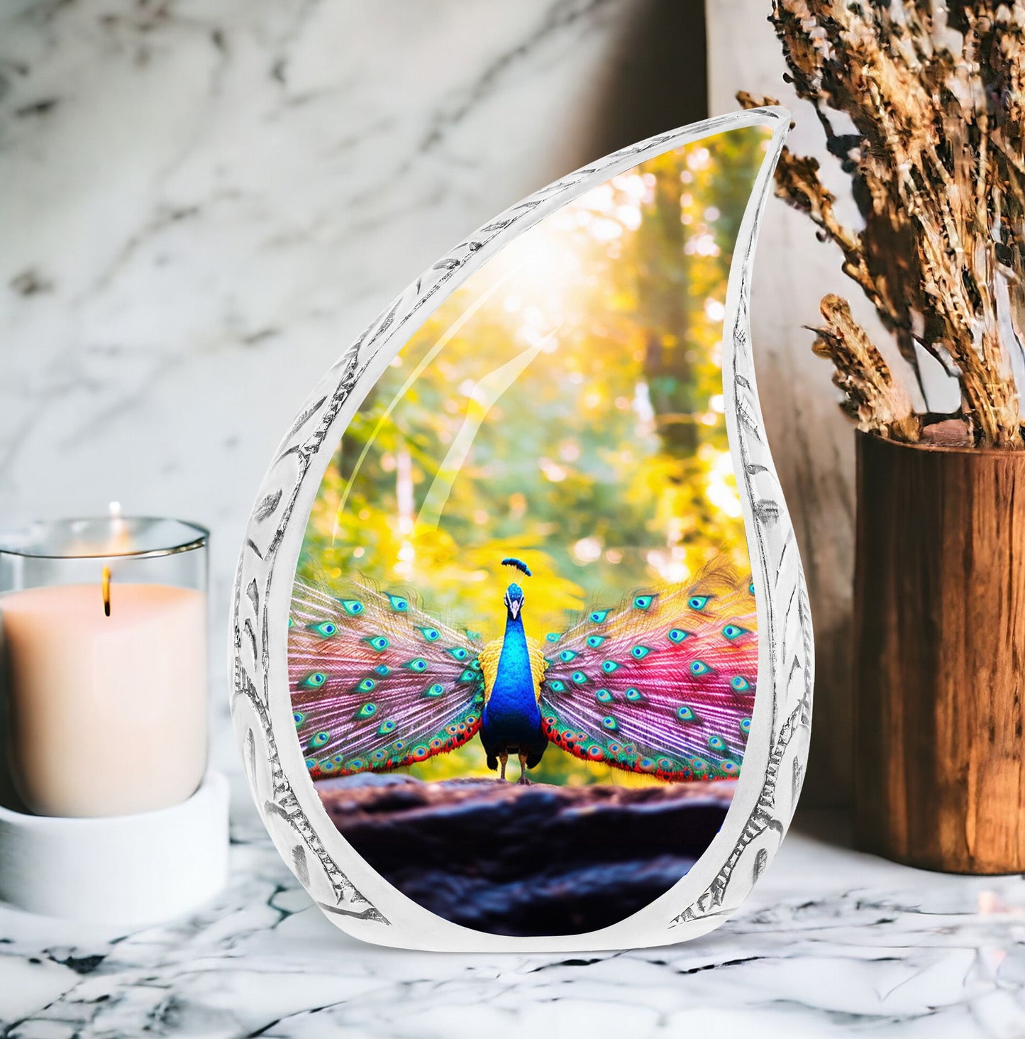 Large Peacock Urn for ashes showcasing its vibrant feathers in a garden setting, designed for adult human burial.