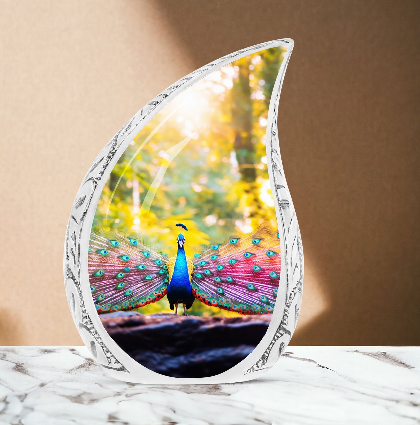 Large Peacock Urn for ashes showcasing its vibrant feathers in a garden setting, designed for adult human burial.