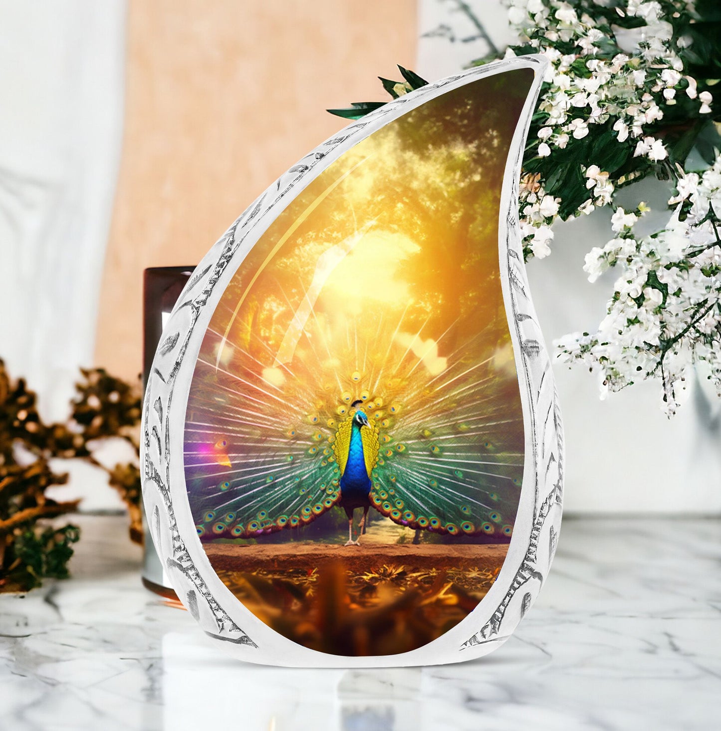Large, artistic peacock themed funeral urn for adults, perfect for storing ashes with dignity and elegance