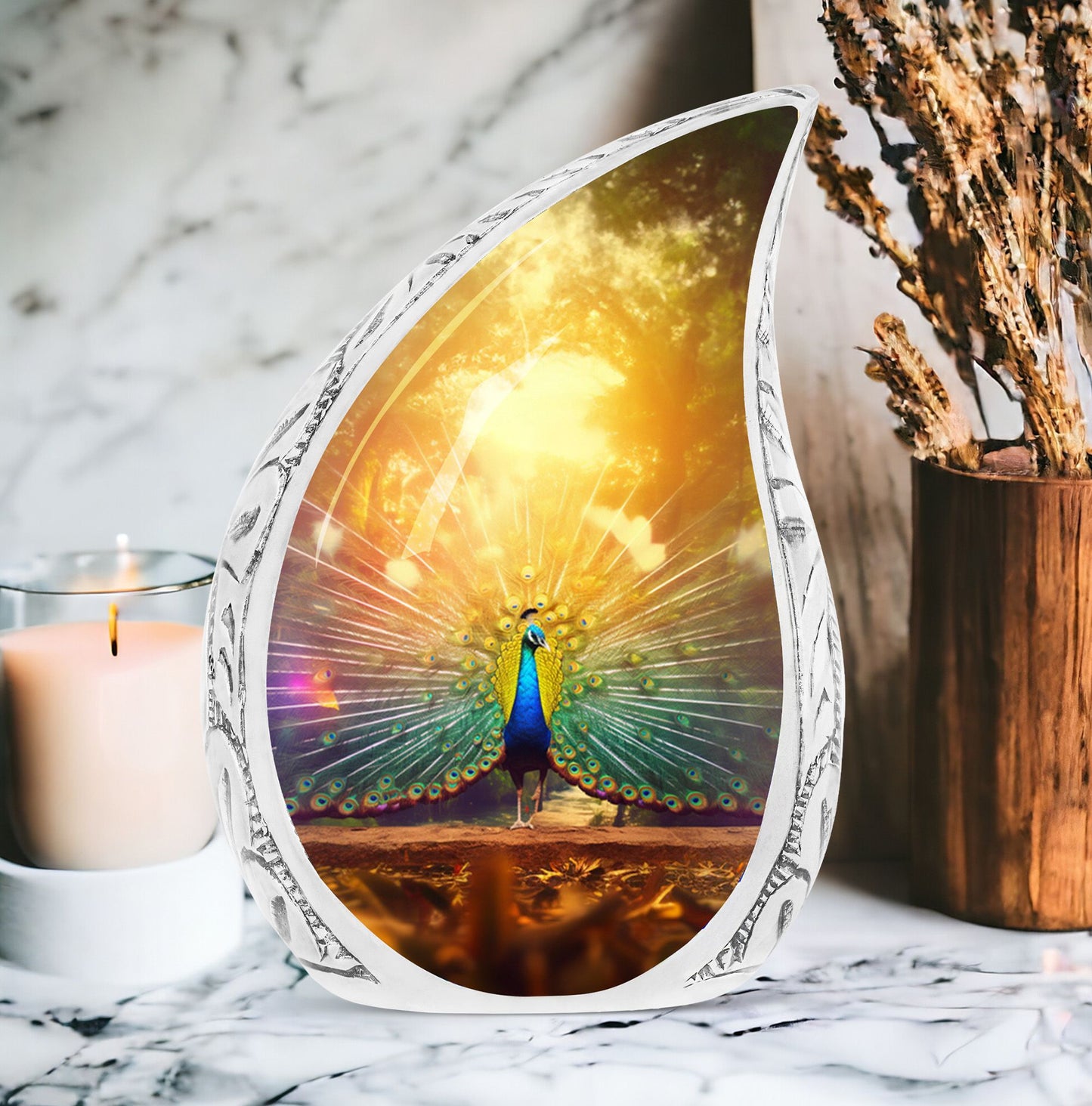 Large, artistic peacock themed funeral urn for adults, perfect for storing ashes with dignity and elegance