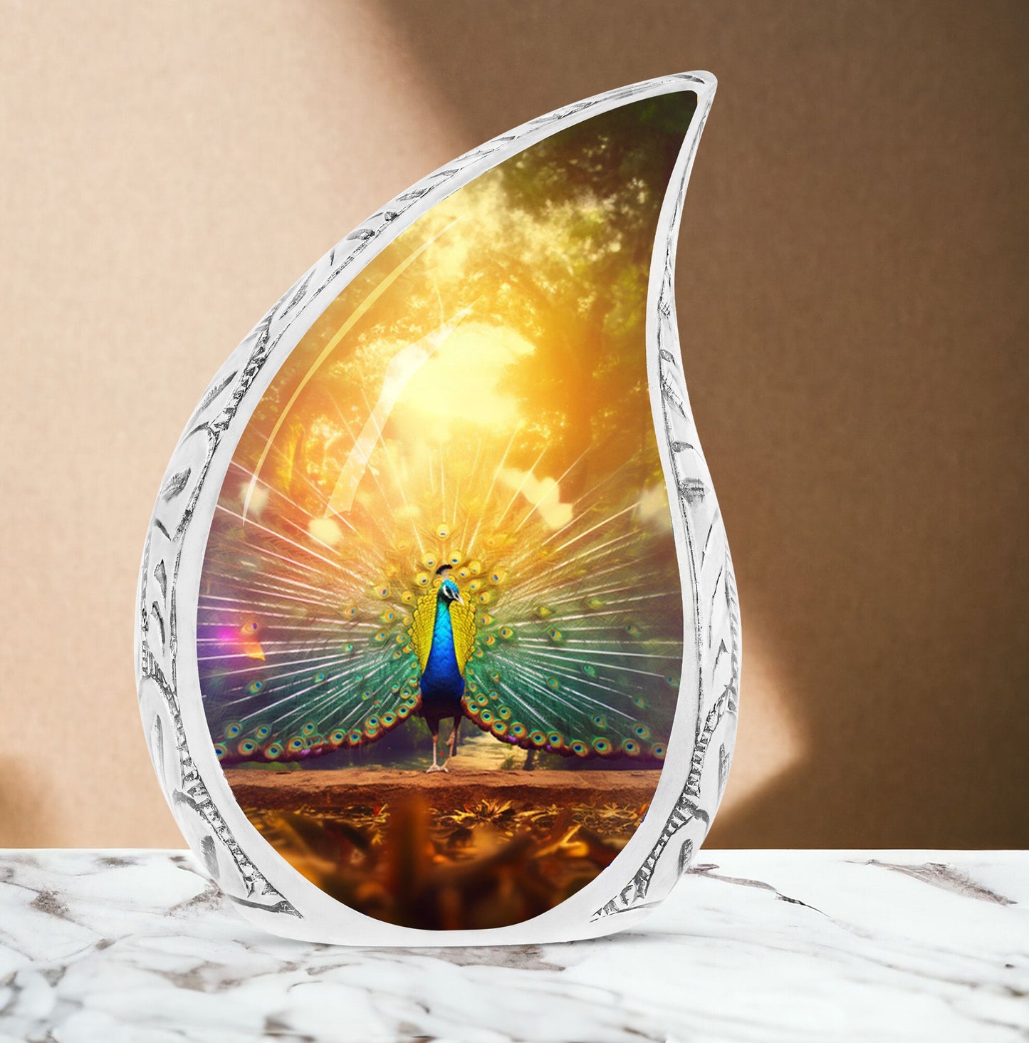 Large, artistic peacock themed funeral urn for adults, perfect for storing ashes with dignity and elegance