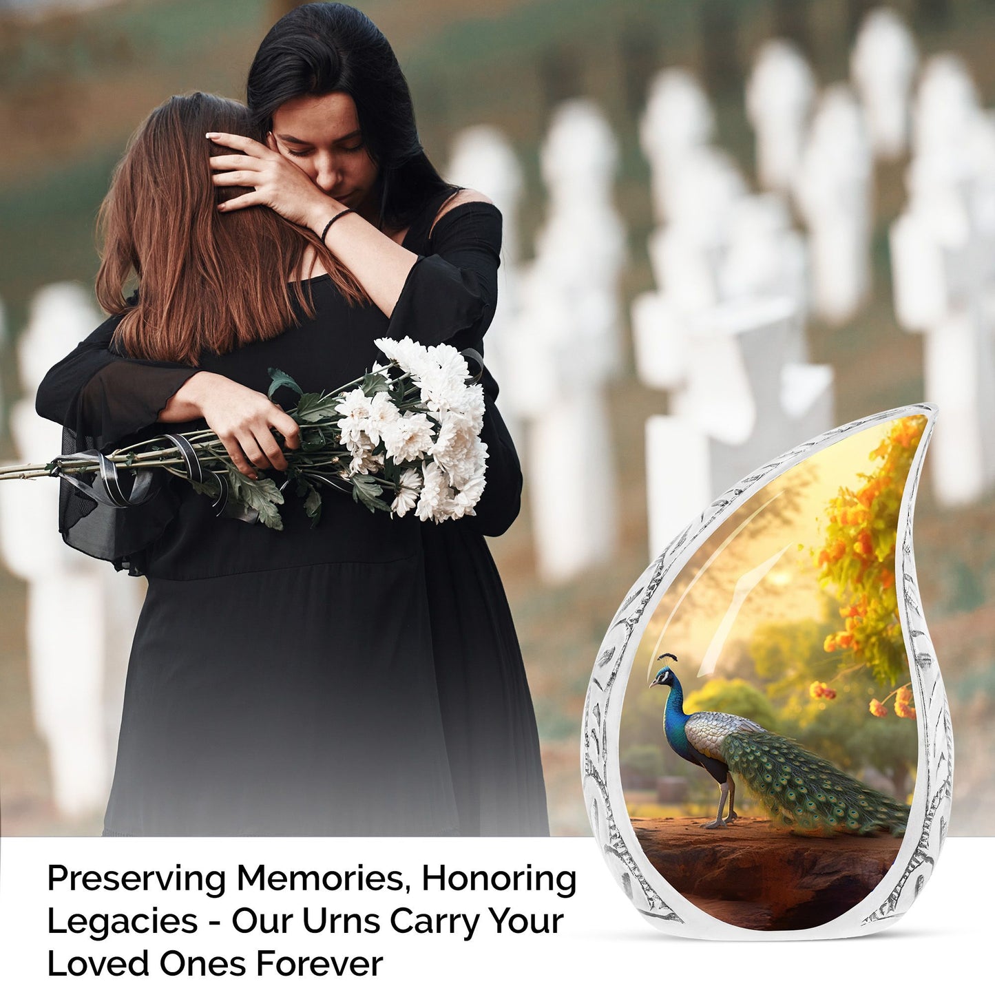 Large peacock urn styled with morning dew, ideal as memorial urn or ash container for adult male human ashes