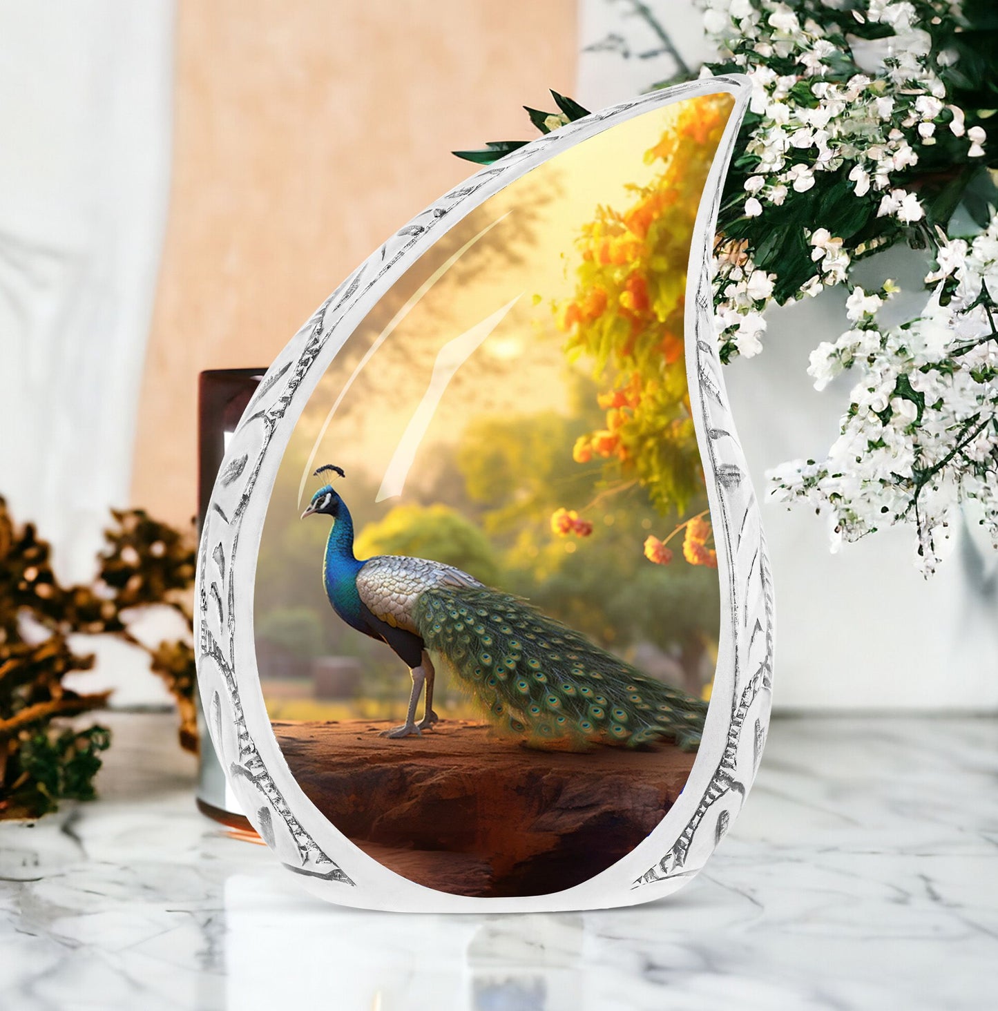 Large peacock urn styled with morning dew, ideal as memorial urn or ash container for adult male human ashes