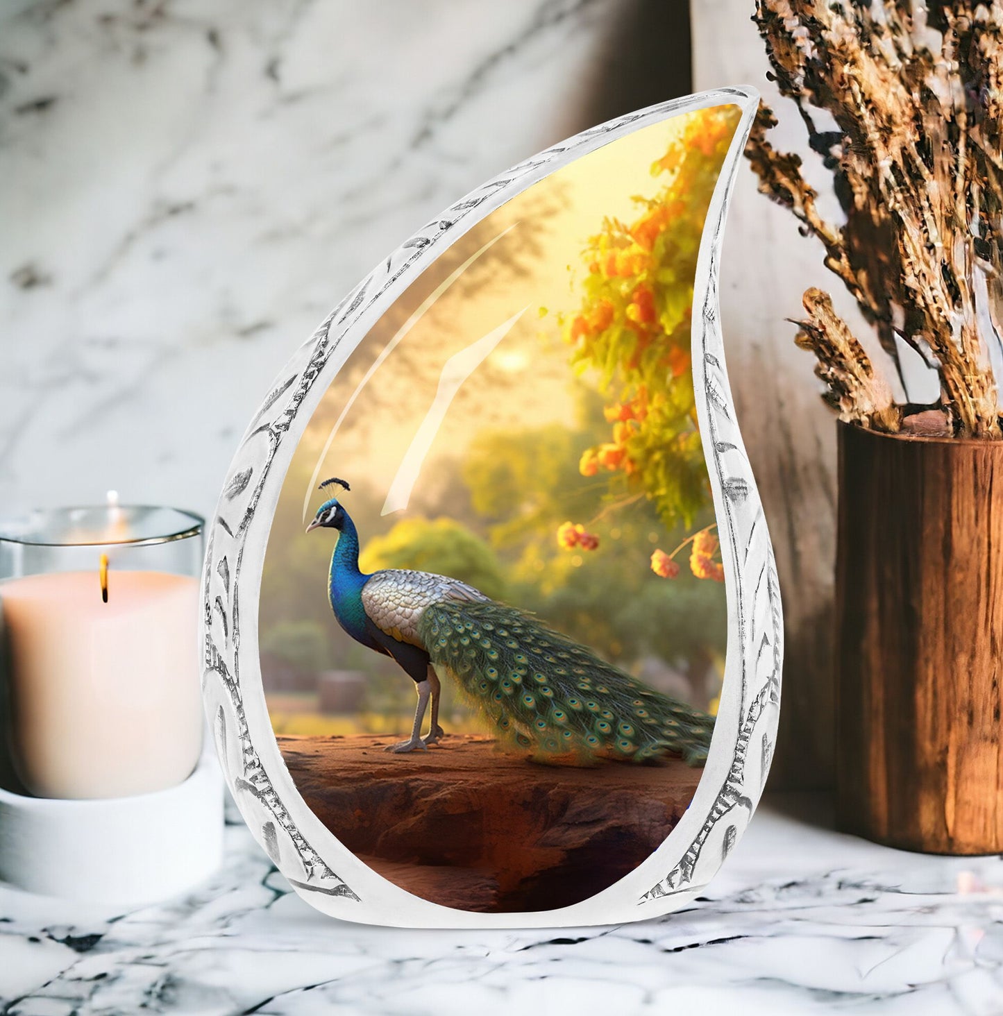 Large peacock urn styled with morning dew, ideal as memorial urn or ash container for adult male human ashes