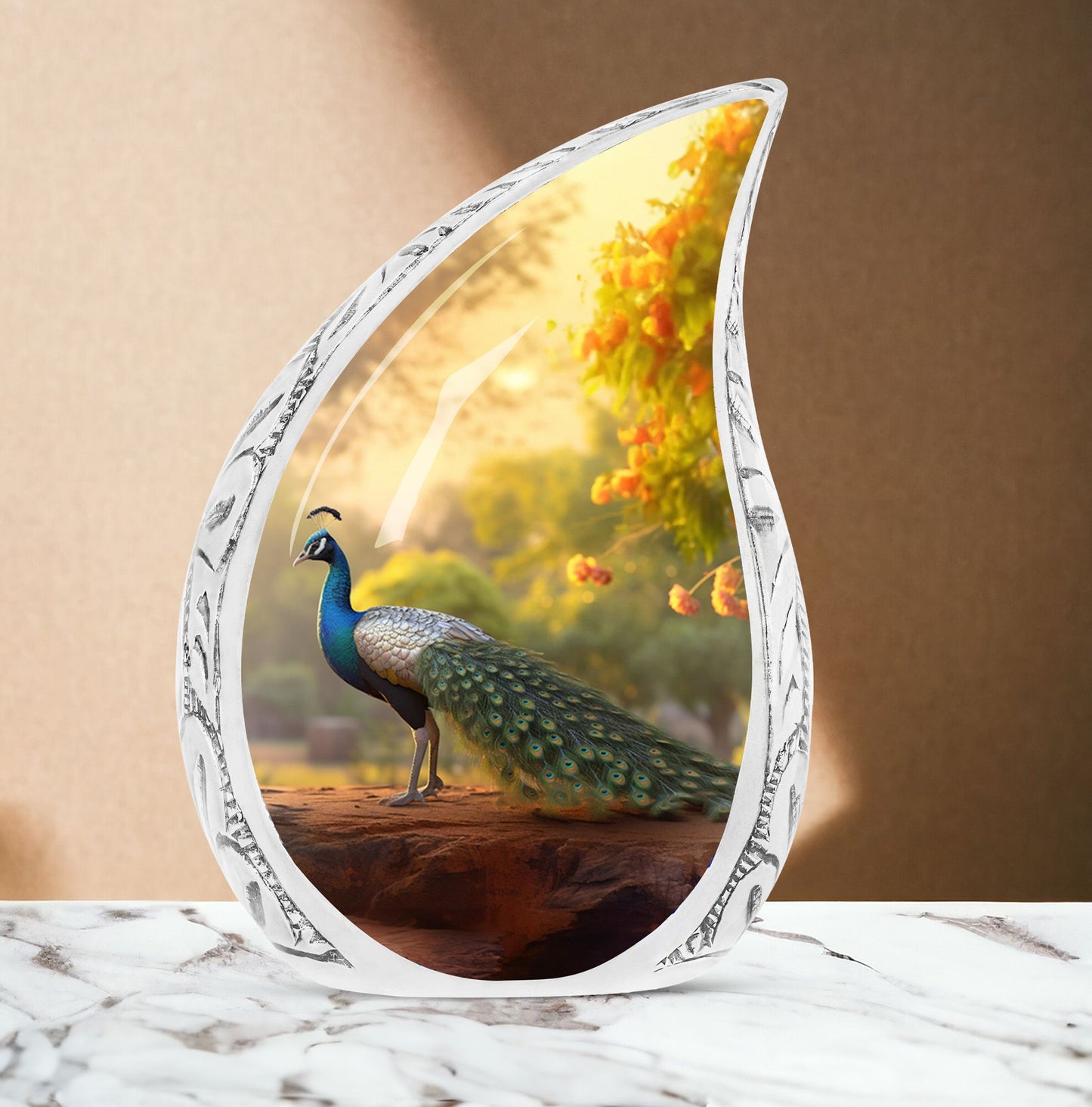 Large peacock urn styled with morning dew, ideal as memorial urn or ash container for adult male human ashes