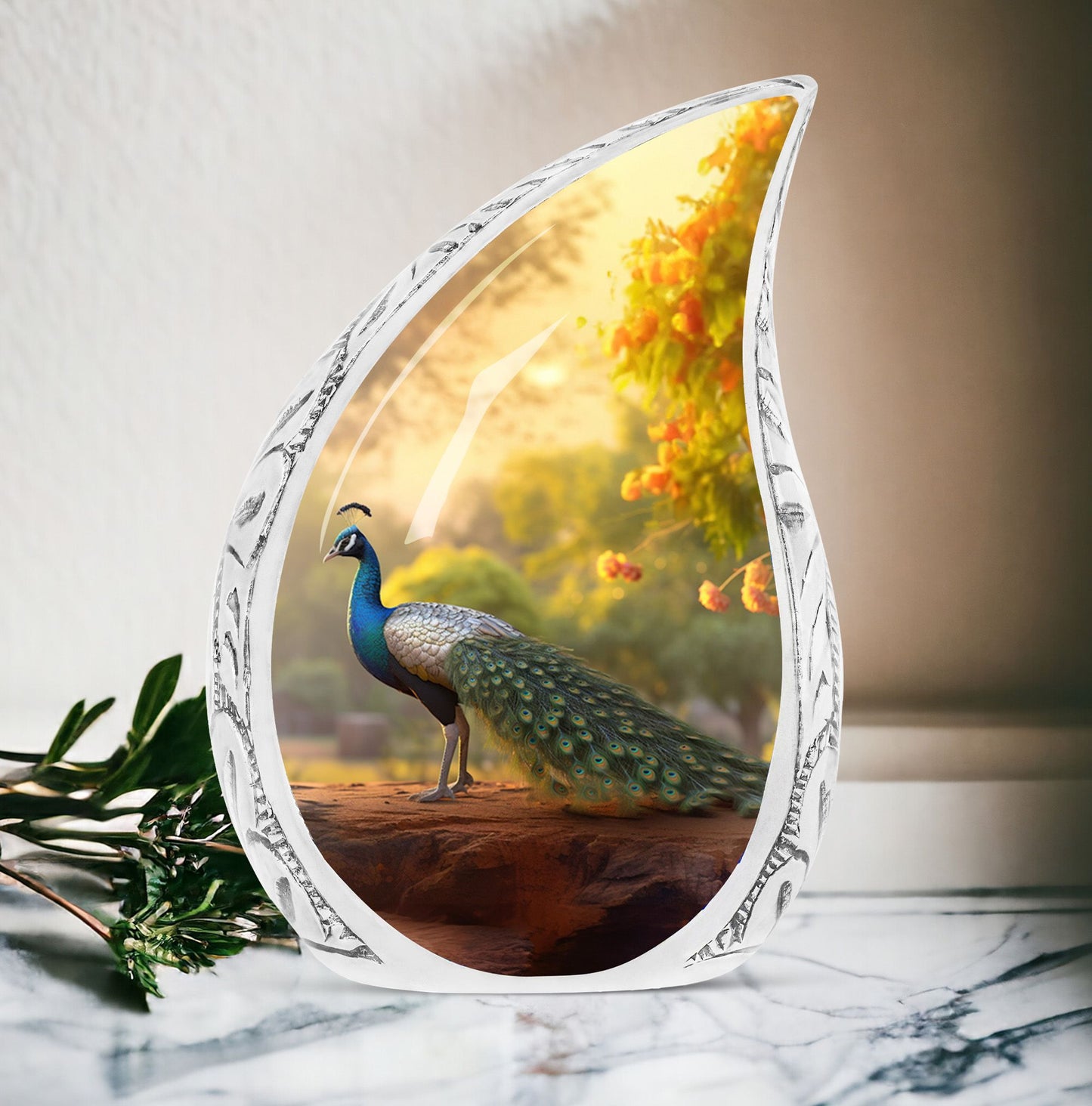 Large peacock urn styled with morning dew, ideal as memorial urn or ash container for adult male human ashes
