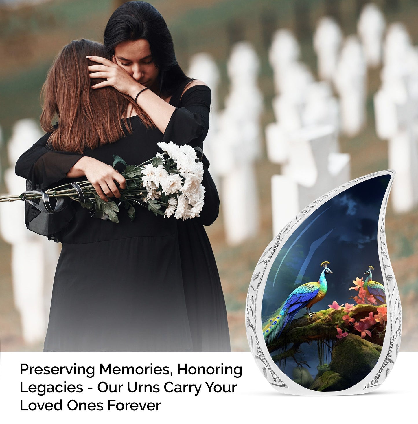 Large Peacock themed urn for ashes, suitable for women and burial in ground, representing the face-off motif in nature.