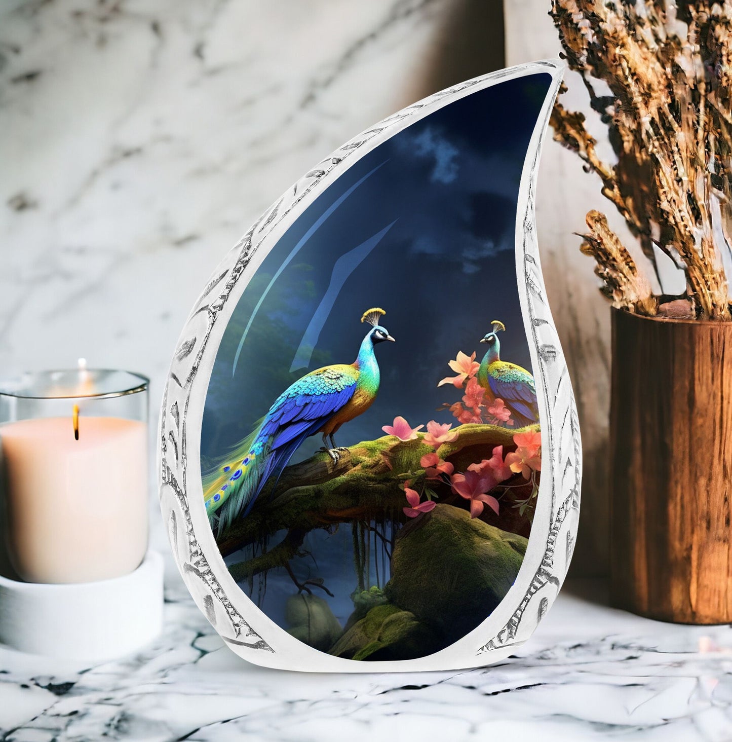 Large Peacock themed urn for ashes, suitable for women and burial in ground, representing the face-off motif in nature.
