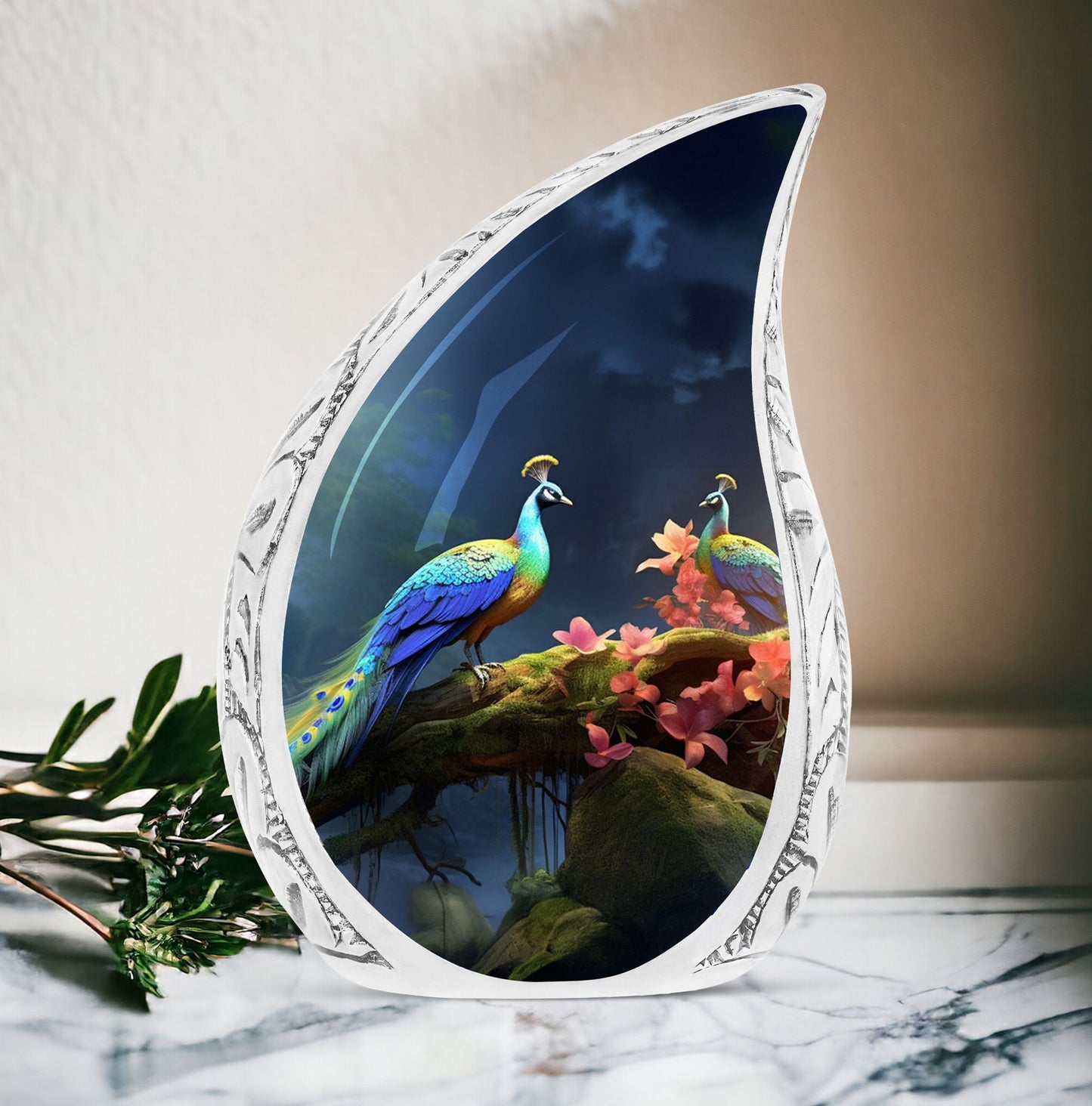 Large Peacock themed urn for ashes, suitable for women and burial in ground, representing the face-off motif in nature.